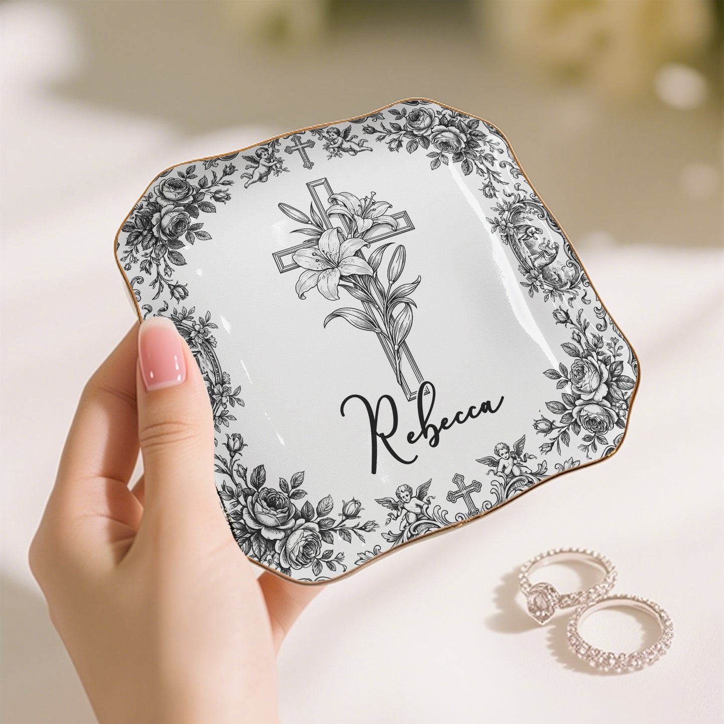 Christian Faith Symbols Toile De Jouy - Personalized Jewelry Dish