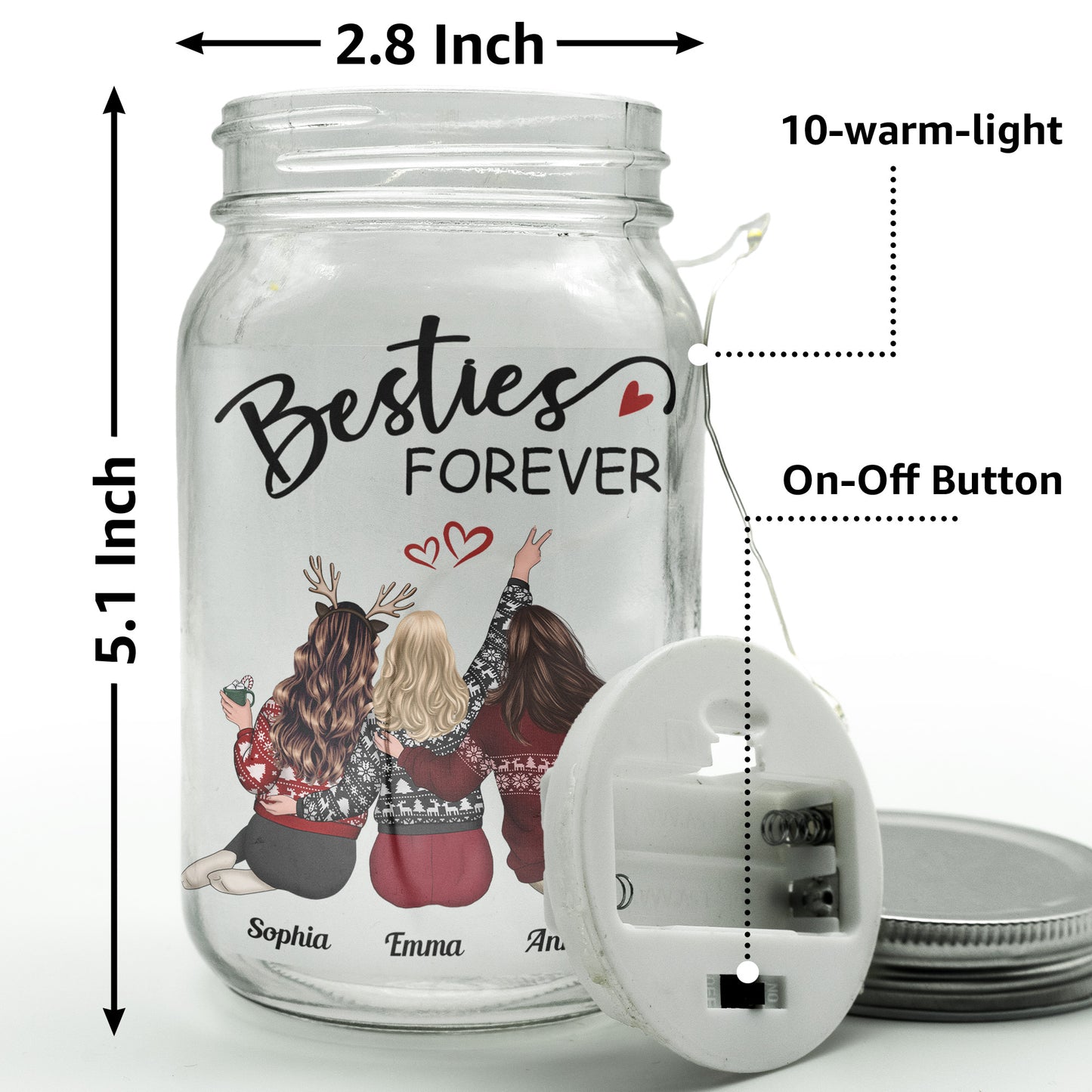 Christmas Besties Because Of You I Laugh Little Harder - Personalized Mason Jar Light