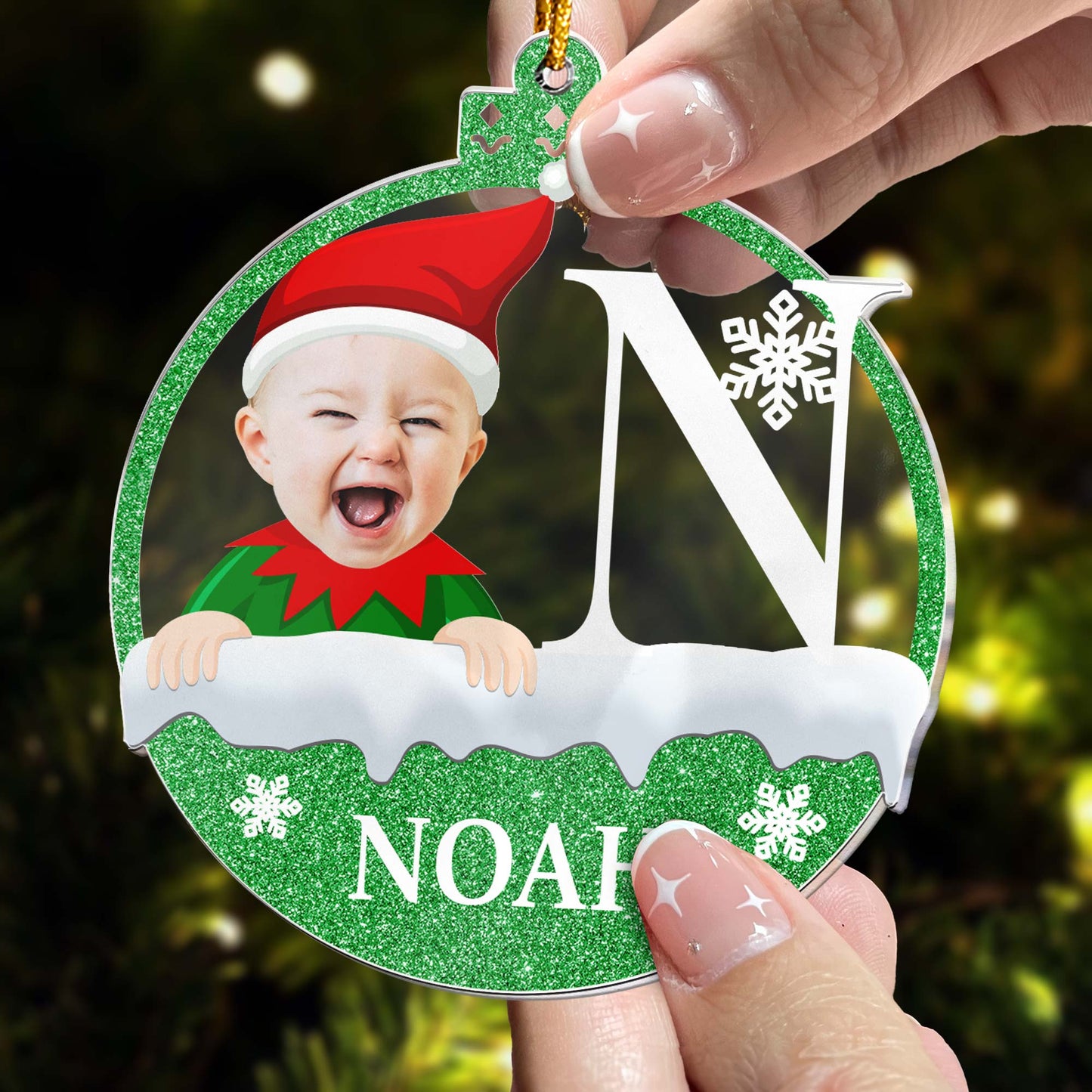 Christmas Elf Monogram Kid - Personalized Acrylic Photo Ornament