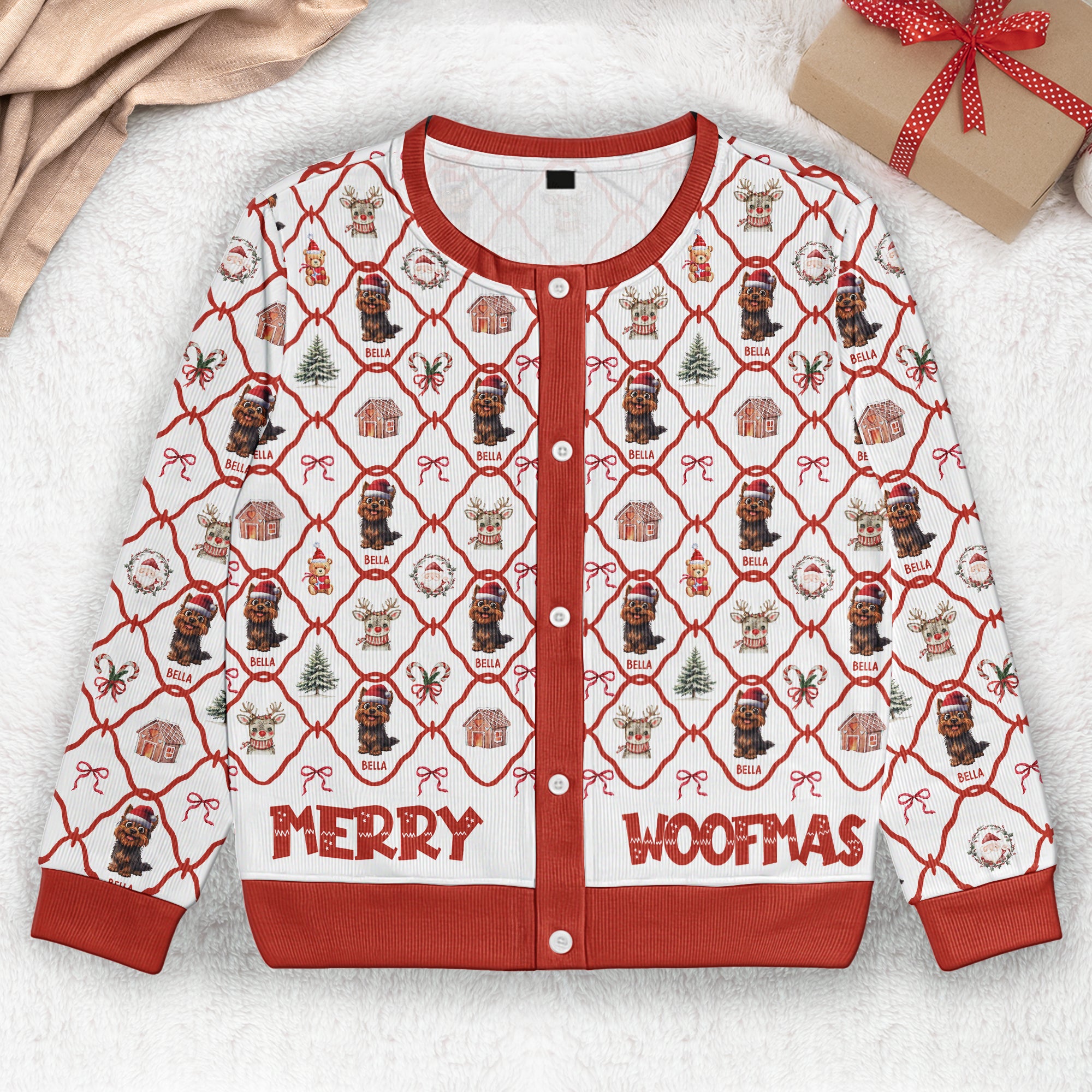 Christmas Festive Dogs Merry Woofmas Gift For Her - Personalized Crewneck Cardigan
