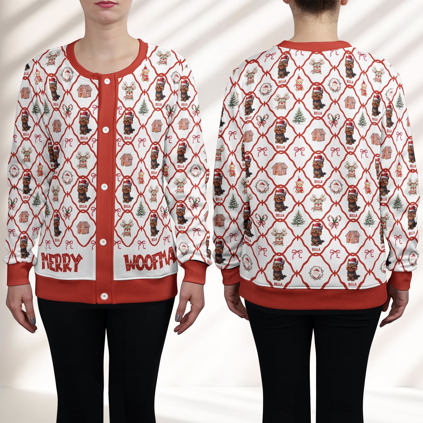 Christmas Festive Dogs Merry Woofmas Gift For Her - Personalized Crewneck Cardigan