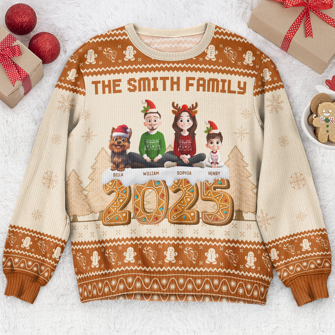 Christmas Gingerbread Family 3D Effect - Personalized Ugly Sweater