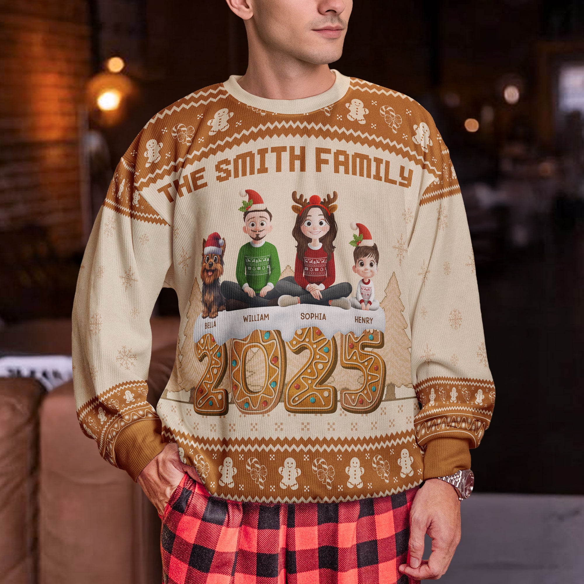 Christmas Gingerbread Family 3D Effect - Personalized Ugly Sweater