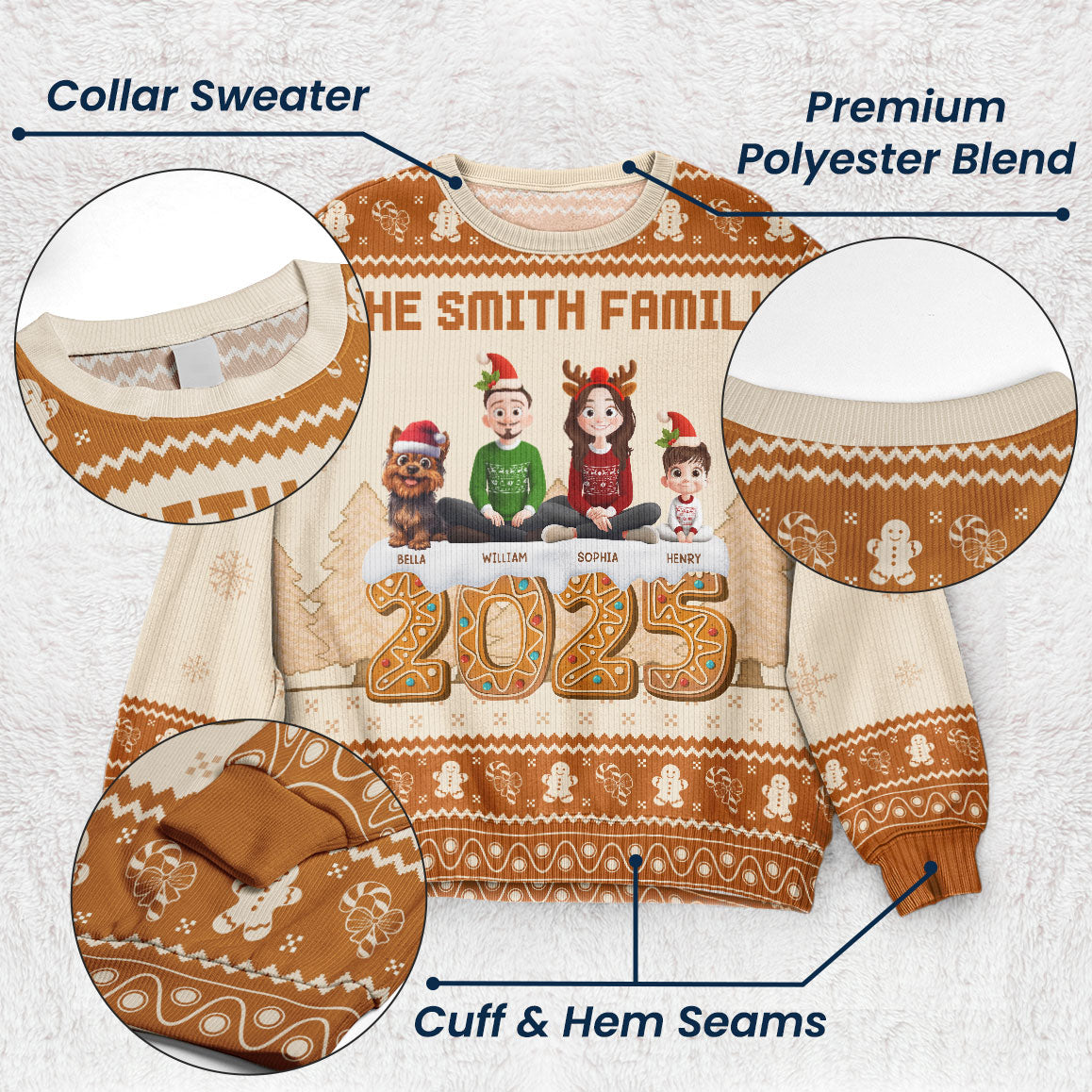 Christmas Gingerbread Family 3D Effect - Personalized Ugly Sweater