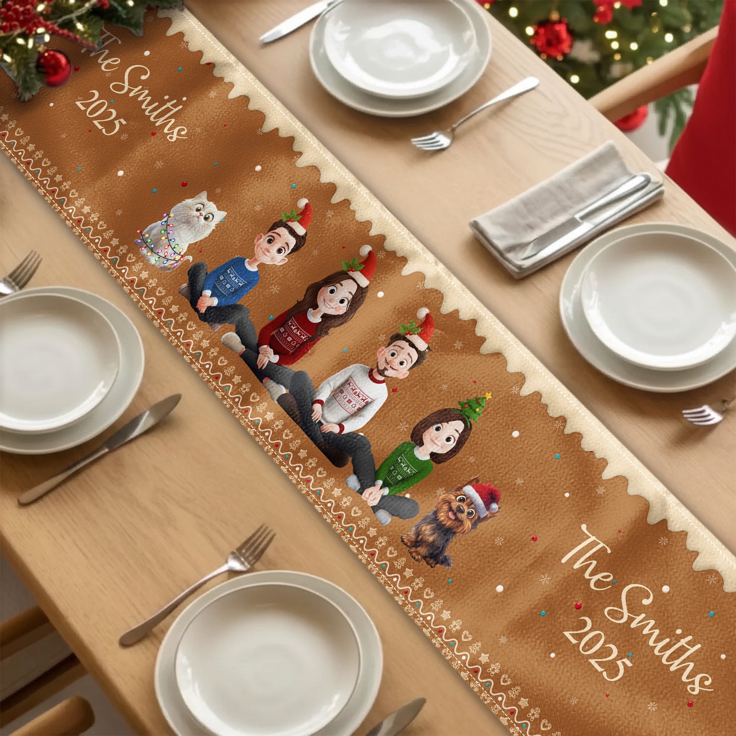 Christmas Gingerbread Family Together - Personalized Table Runner