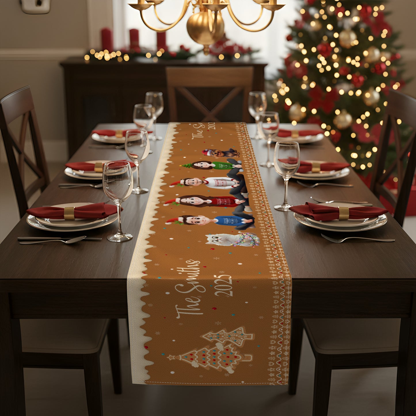 Christmas Gingerbread Family Together - Personalized Table Runner