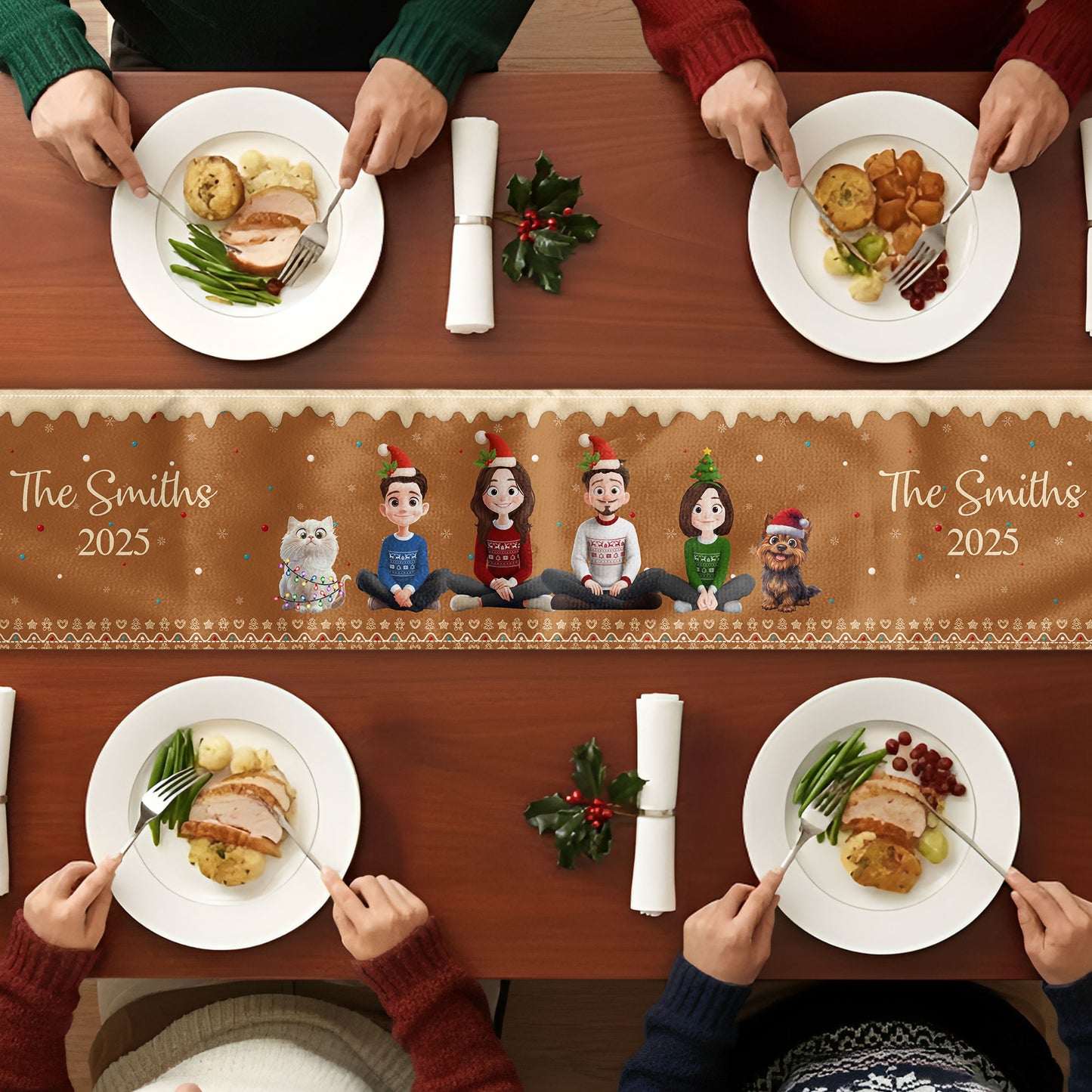 Christmas Gingerbread Family Together - Personalized Table Runner