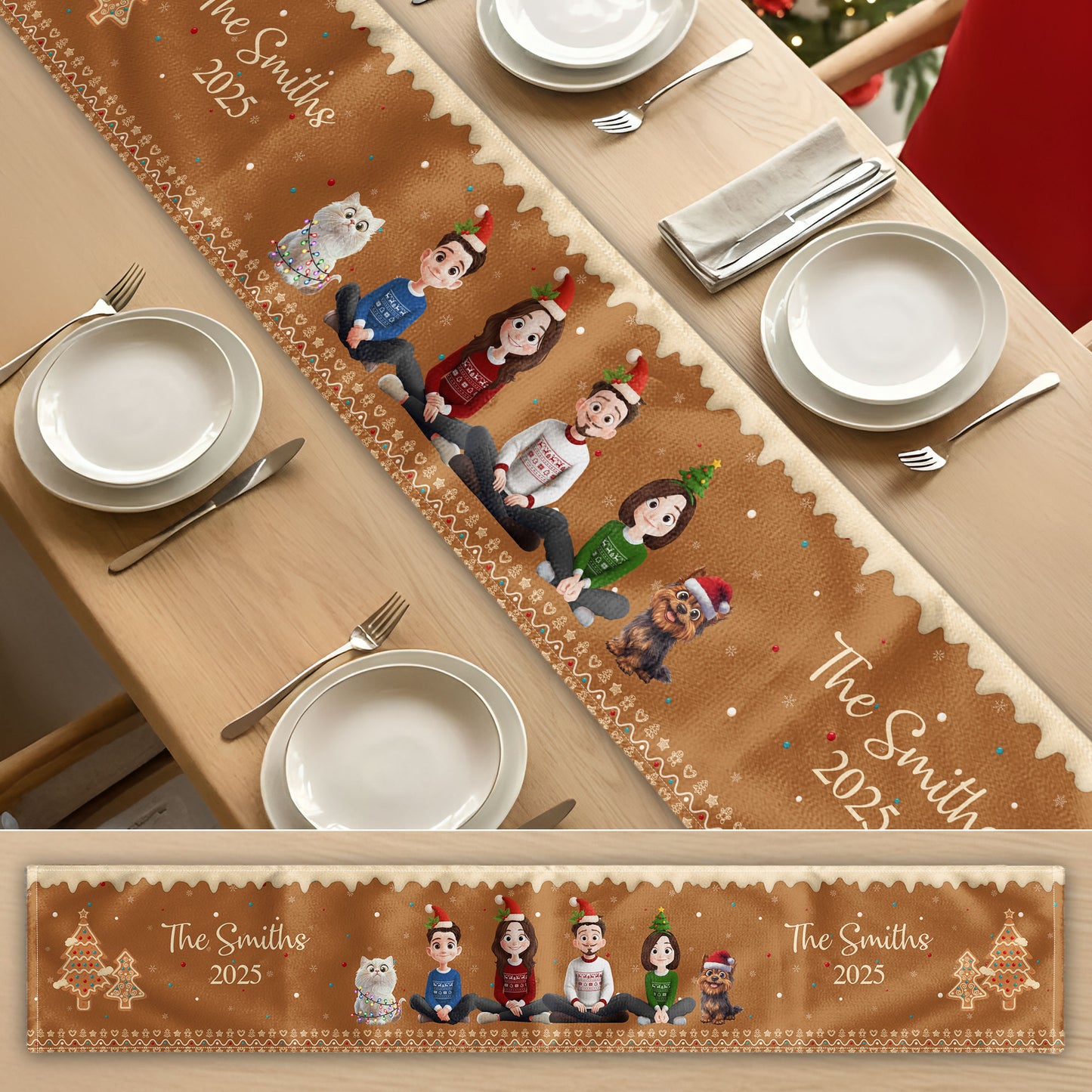 Christmas Gingerbread Family Together - Personalized Table Runner