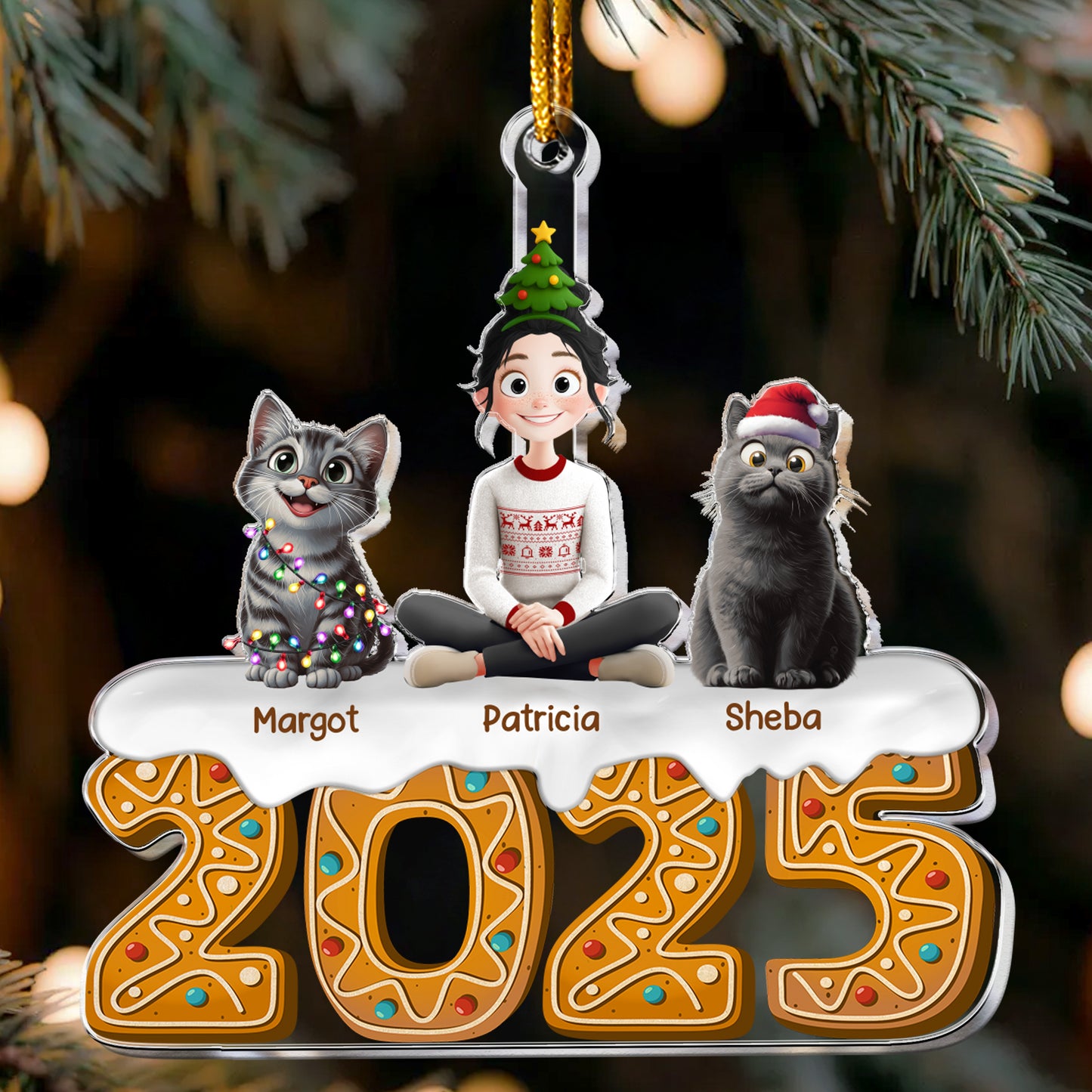 Christmas Gingerbread Girl And Her Cats - Personalized Acrylic Ornament