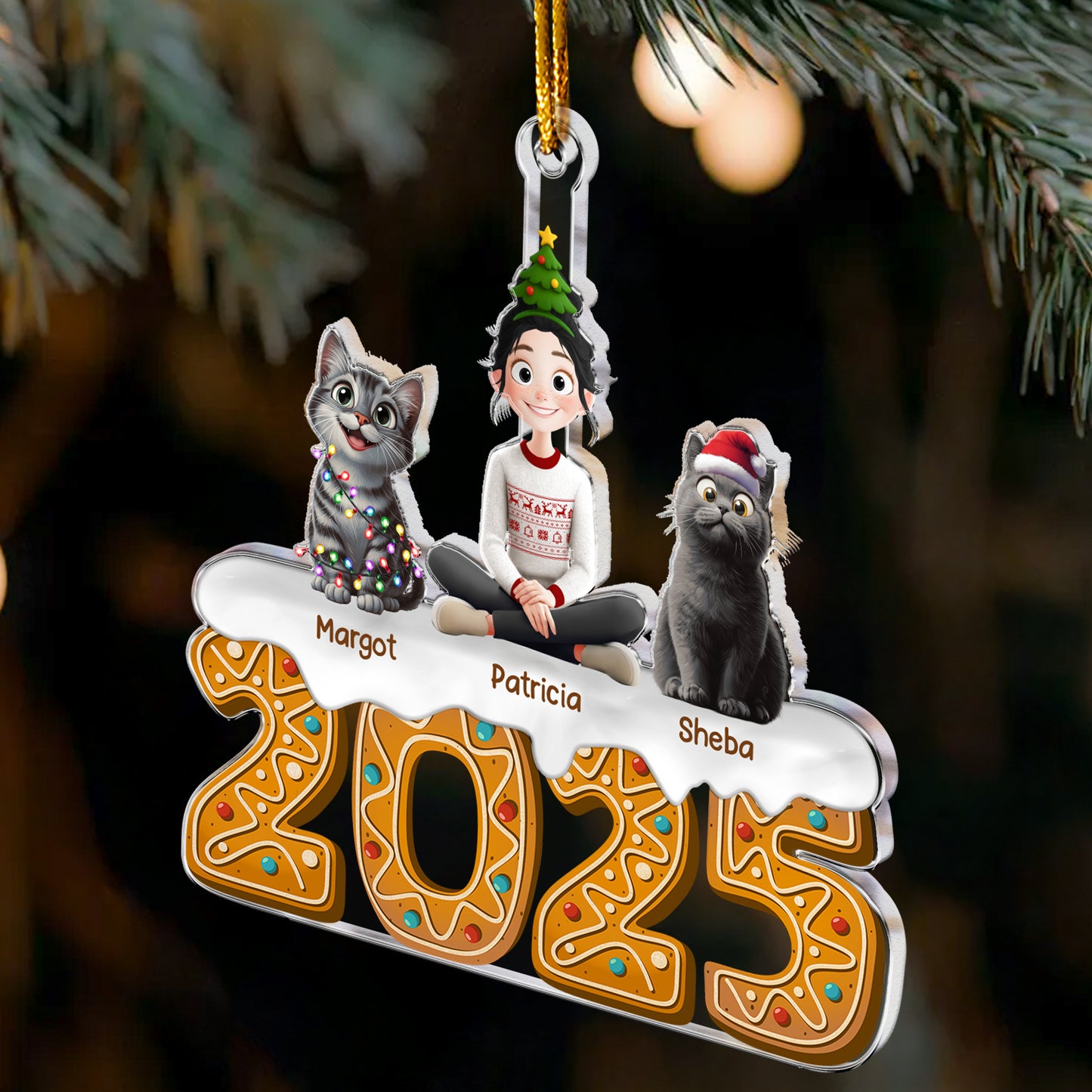 Christmas Gingerbread Girl And Her Cats - Personalized Acrylic Ornament