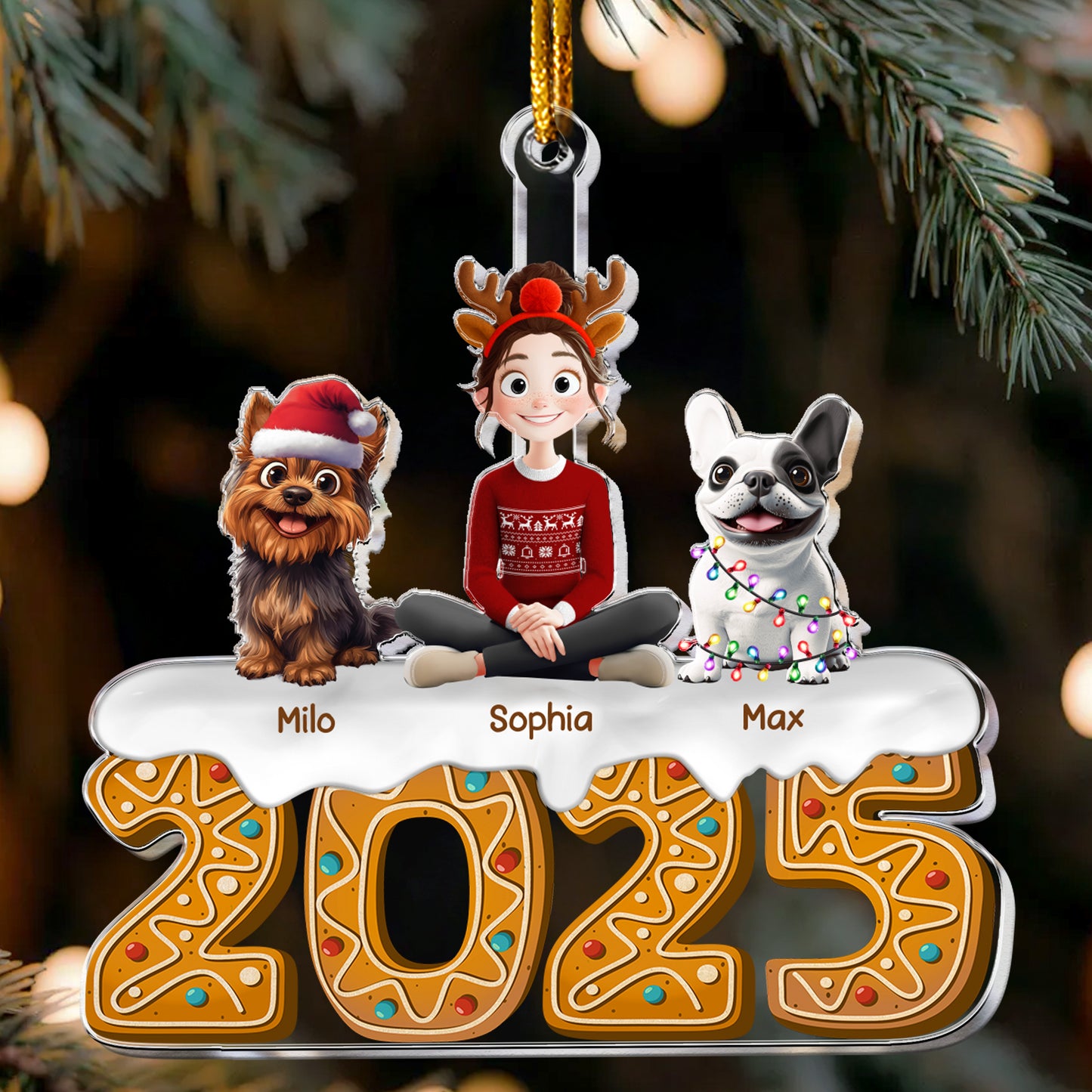 Christmas Gingerbread Girl And Her Dogs - Personalized Acrylic Ornament