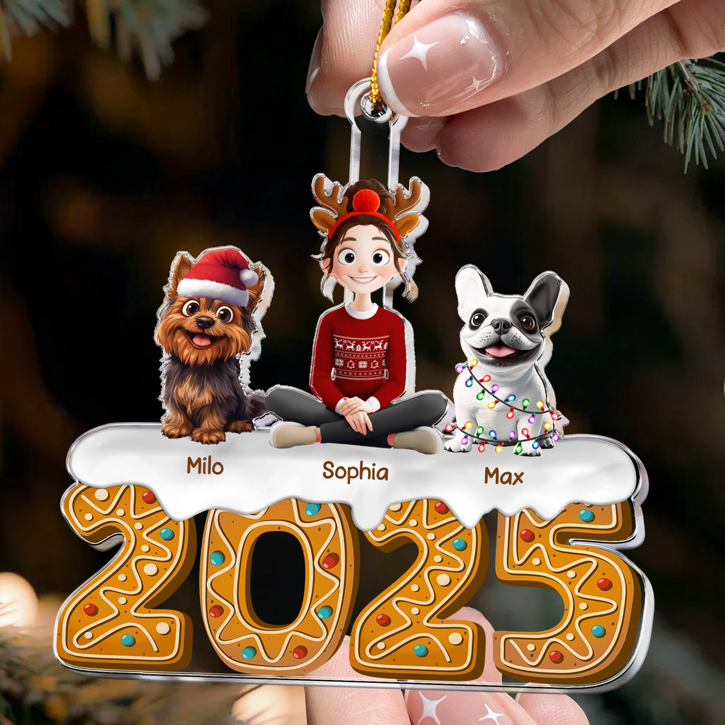 Christmas Gingerbread Girl And Her Dogs - Personalized Acrylic Ornament