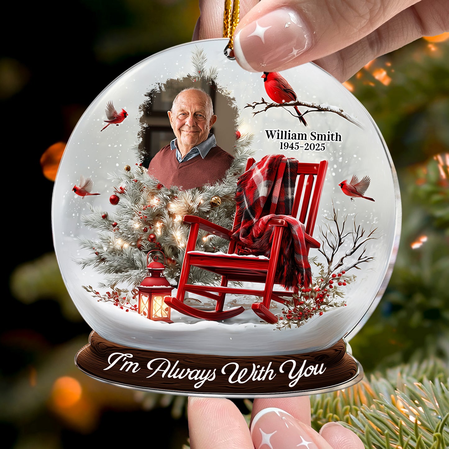 Christmas In Heaven, Cardinal & Rocking Chair - Personalized Acrylic Photo Ornament