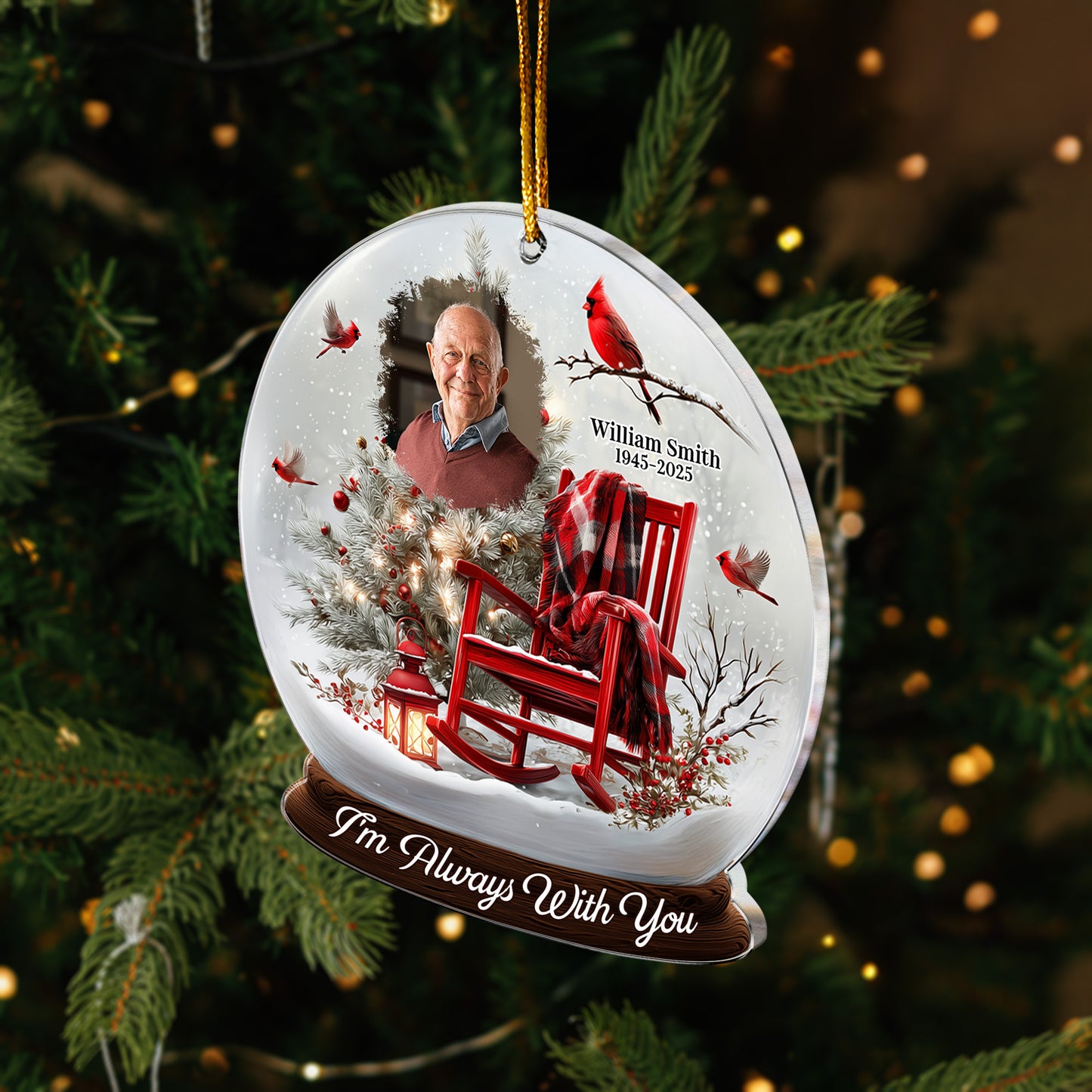 Christmas In Heaven, Cardinal & Rocking Chair - Personalized Acrylic Photo Ornament