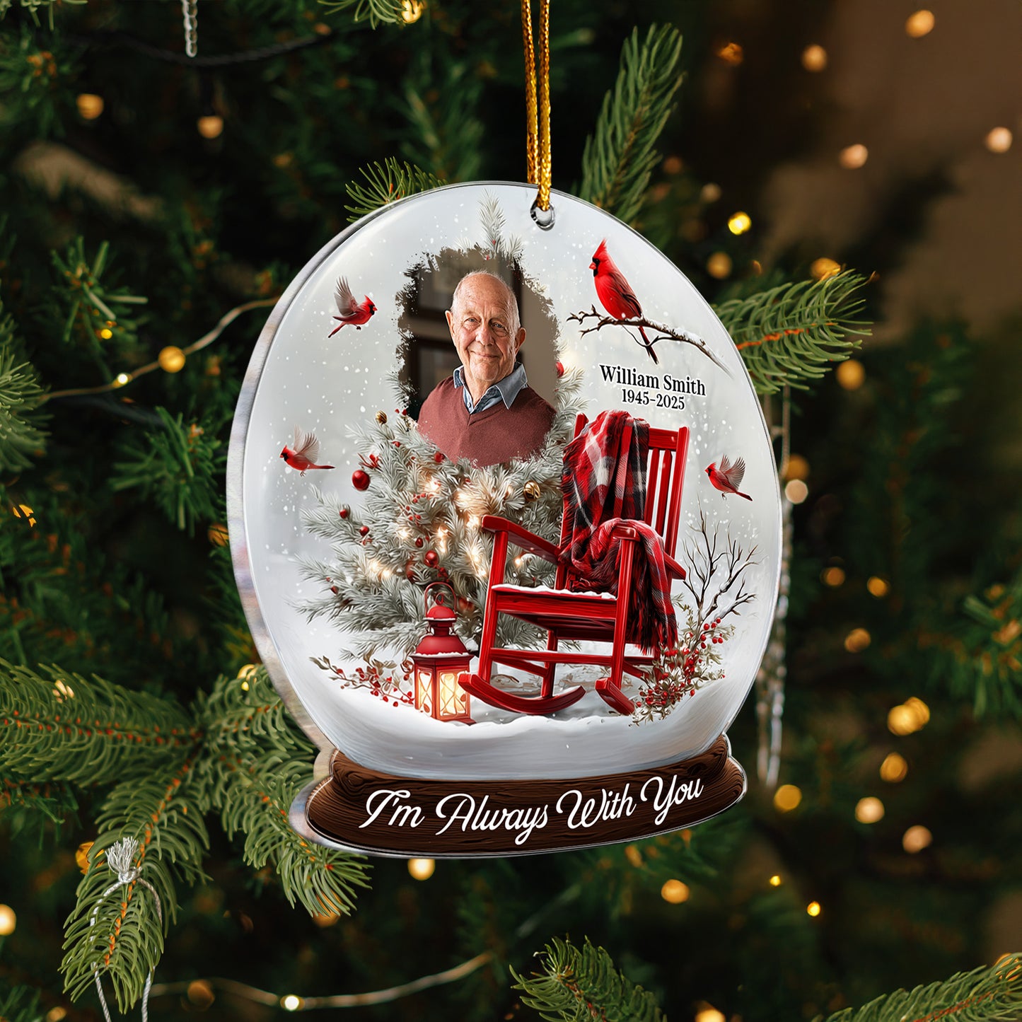 Christmas In Heaven, Cardinal & Rocking Chair - Personalized Acrylic Photo Ornament
