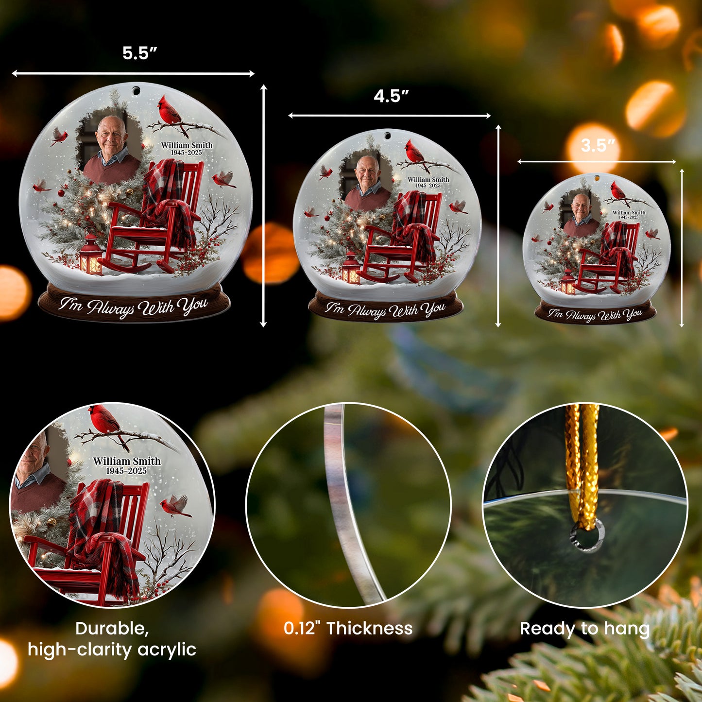 Christmas In Heaven, Cardinal & Rocking Chair - Personalized Acrylic Photo Ornament