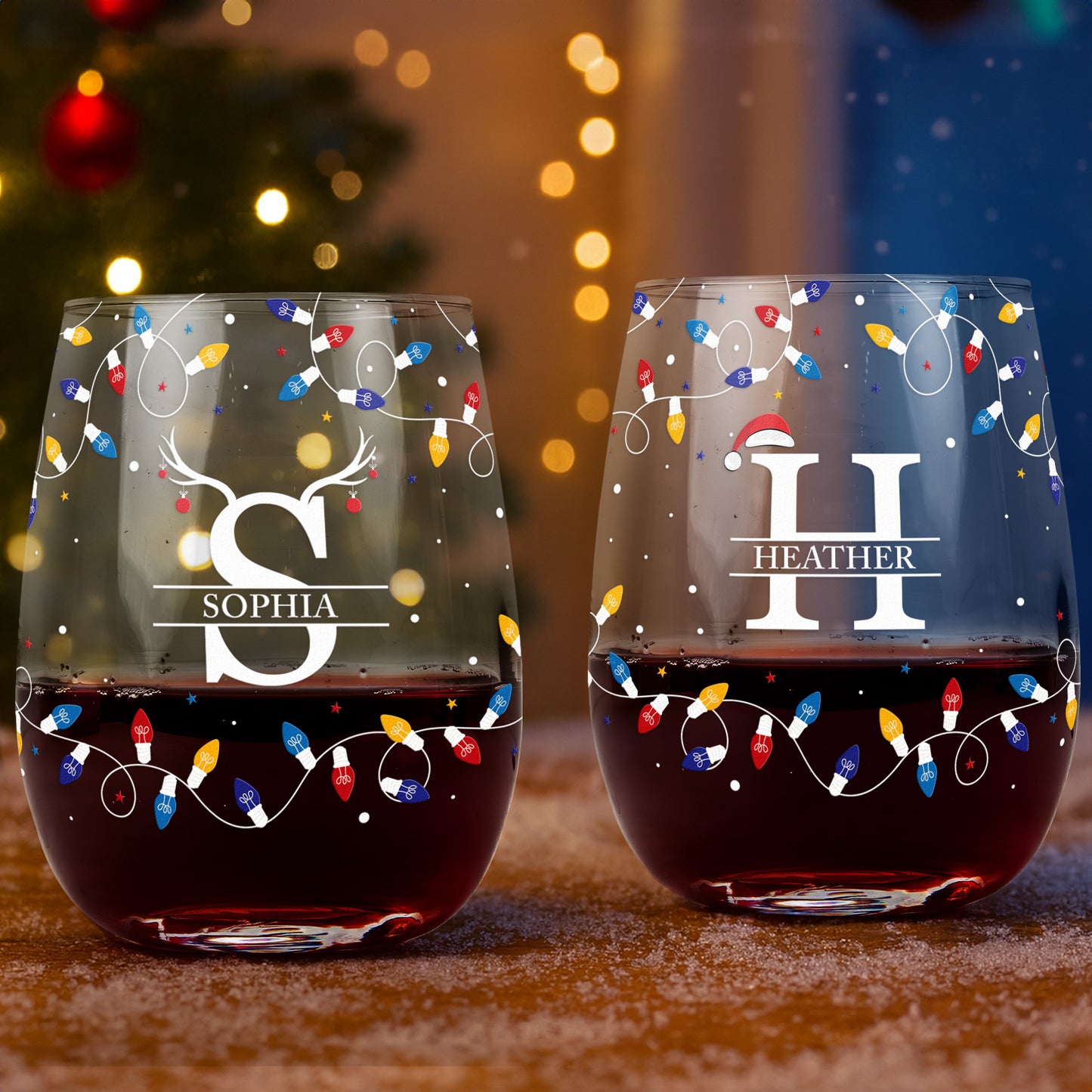 Christmas Led Lights For Family, Friends, Sisters, Wine Party - Personalized Stemless Wine Glass
