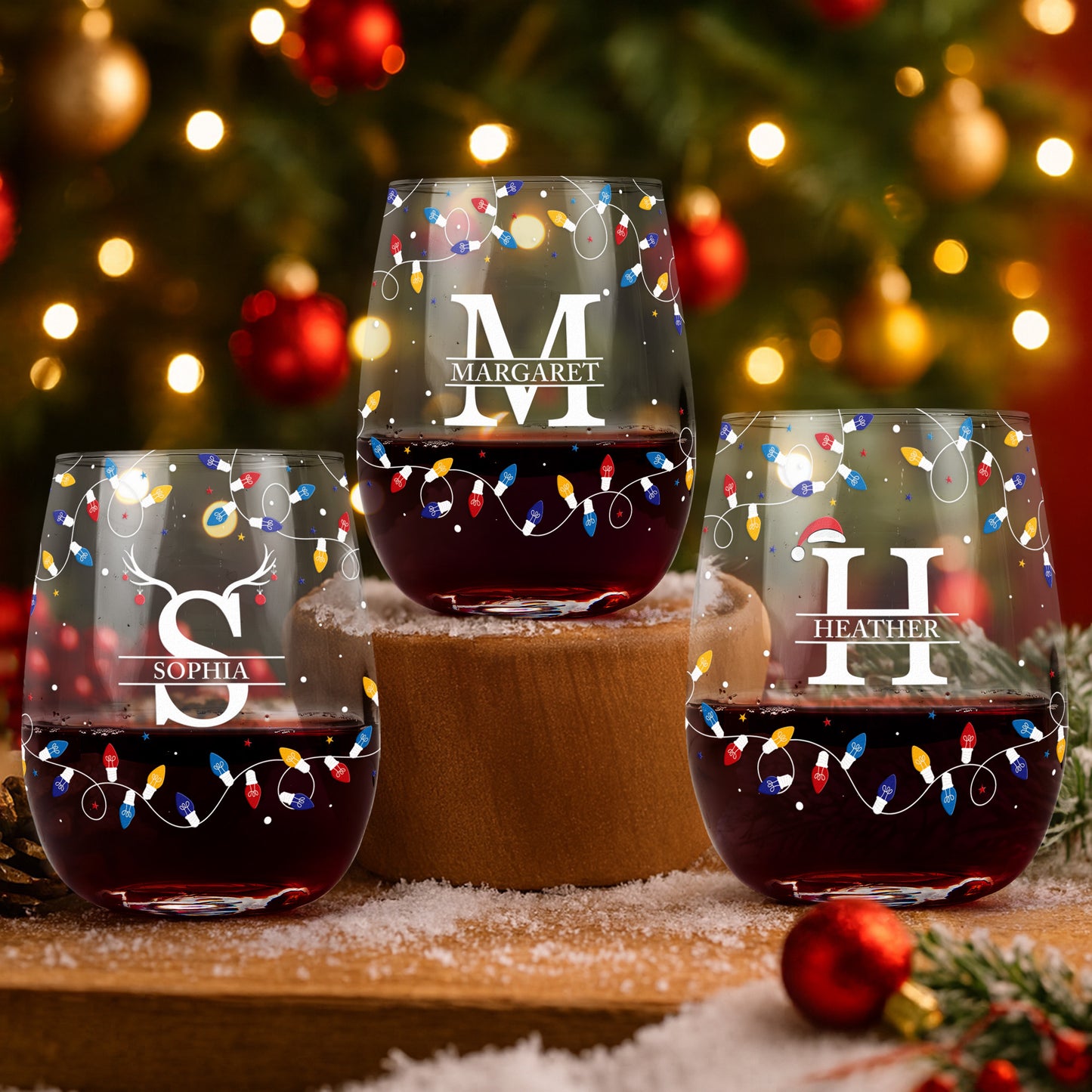 Christmas Led Lights For Family, Friends, Sisters, Wine Party - Personalized Stemless Wine Glass
