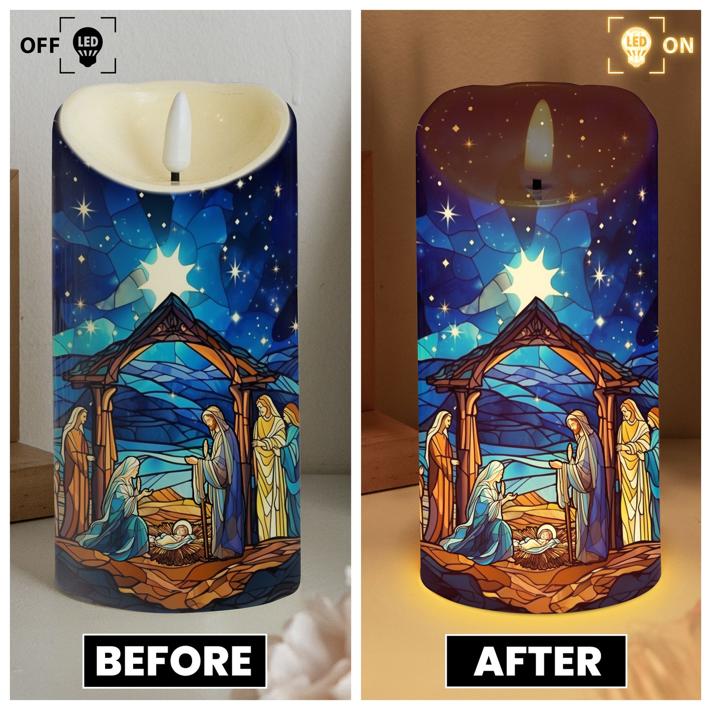 Christmas Nativity Scene - Personalized LED Candle