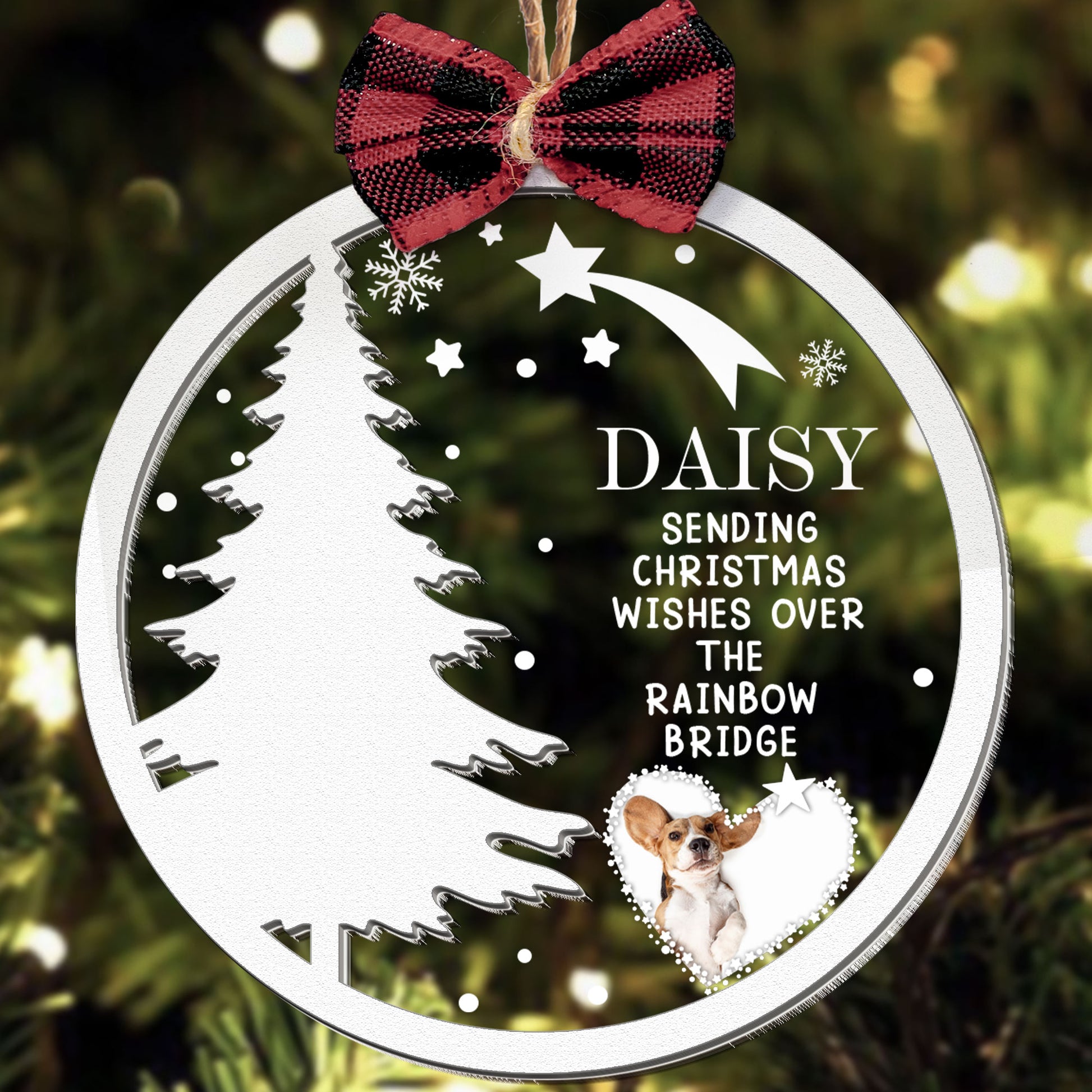 Christmas Pet Memorial - Personalized Photo Wood And Acrylic Ornament With Bow