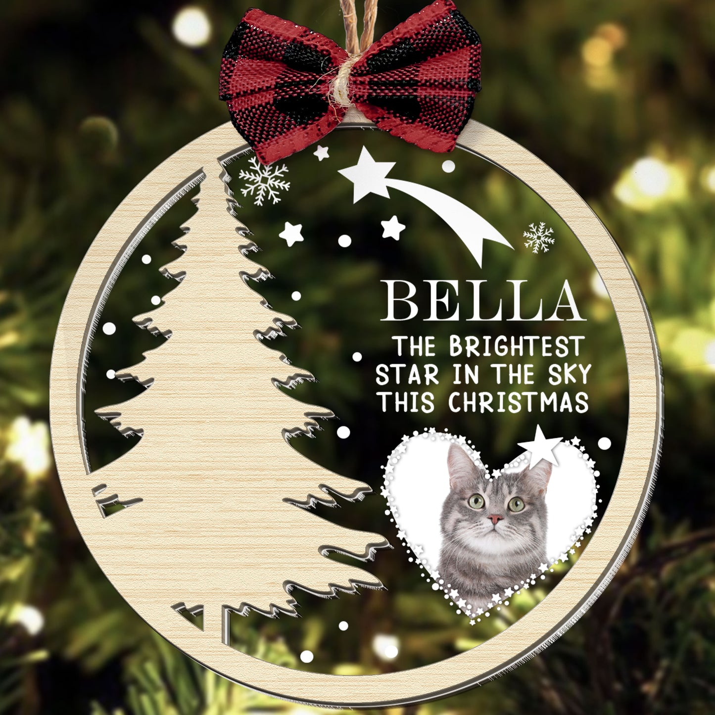 Christmas Pet Memorial - Personalized Photo Wood And Acrylic Ornament With Bow