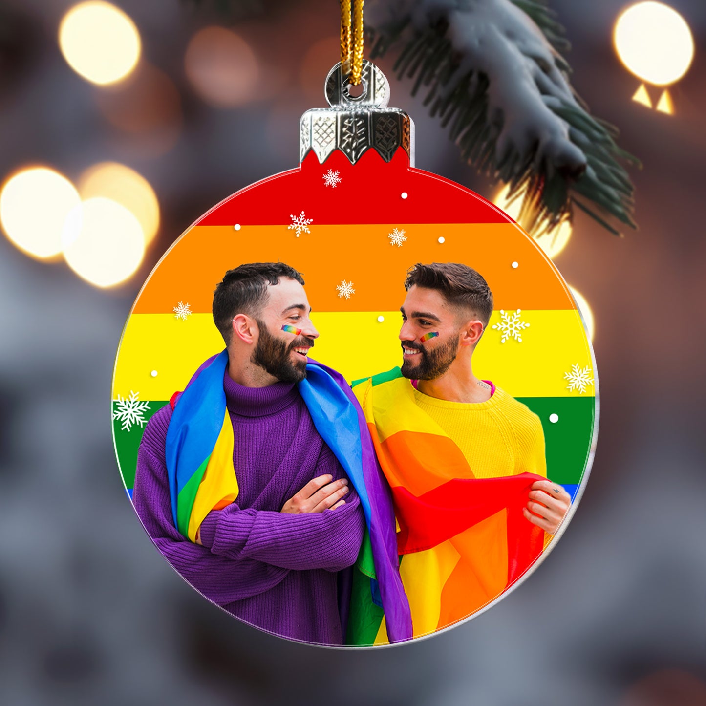 Christmas Snowball Rainbow For Couple Family - Personalized Acrylic Photo Ornament