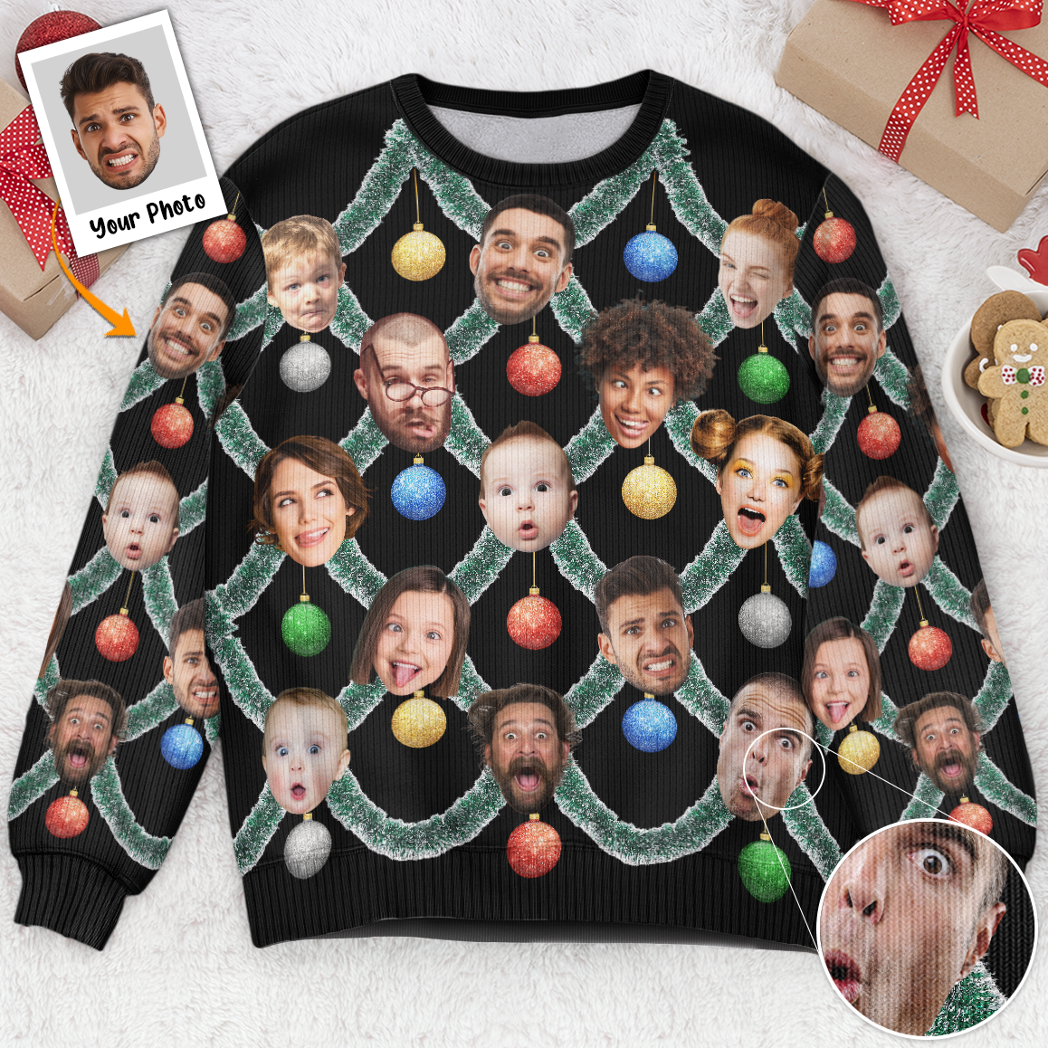 Christmas Tinsel Ugliest Sweater Funny Silly Face - Personalized Photo Ugly Sweater