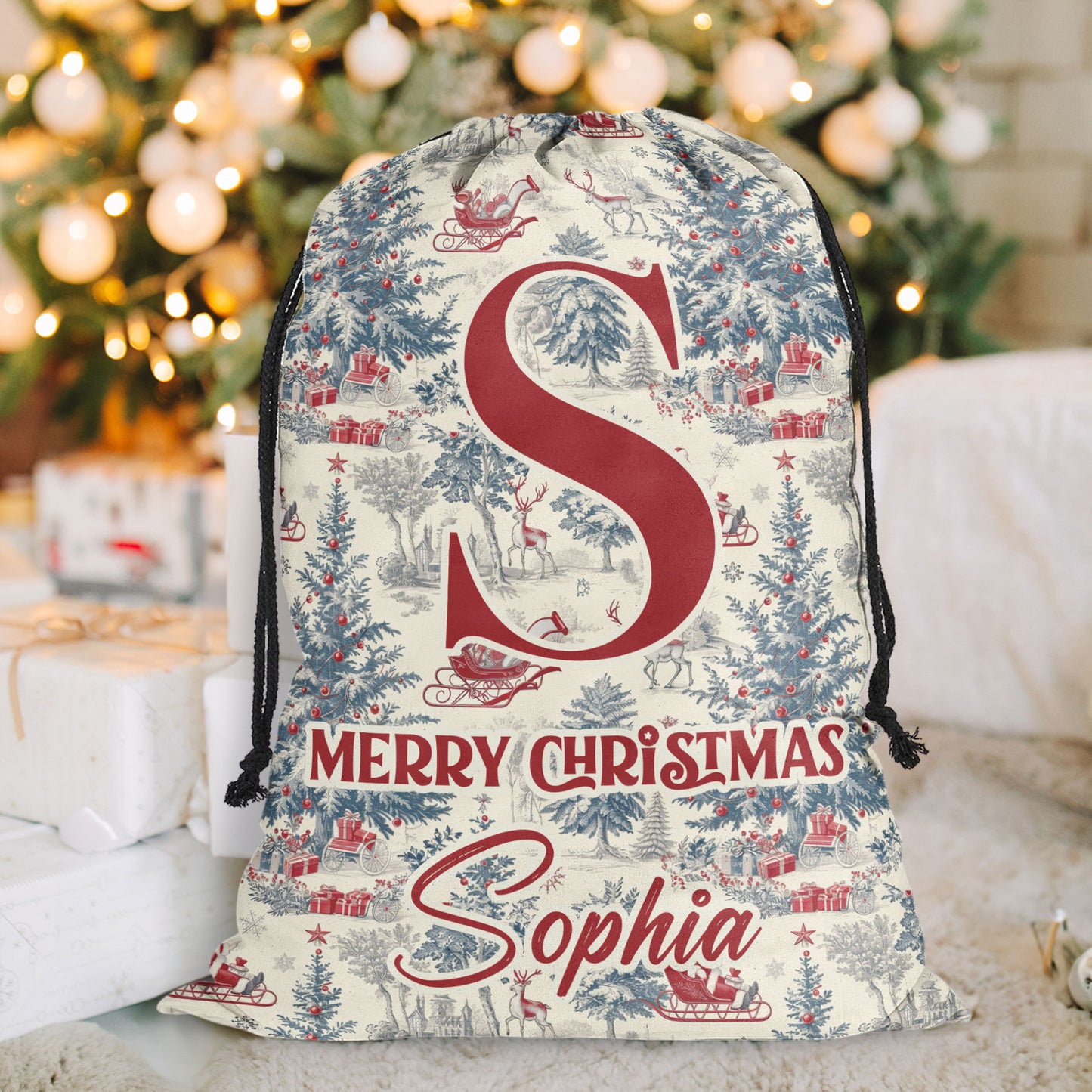 Christmas Toile De Jouy Monogram Letter - Personalized Christmas Sack
