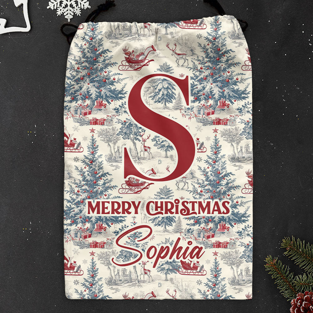 Christmas Toile De Jouy Monogram Letter - Personalized Christmas Sack
