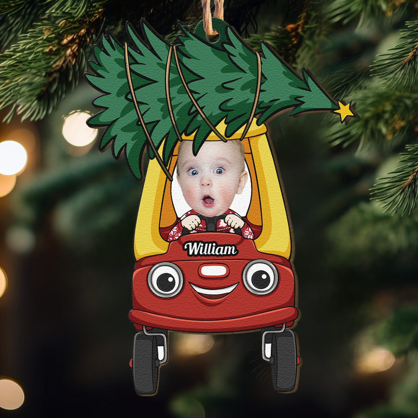 Christmas Tree On Car - Personalized Wooden Photo Ornament