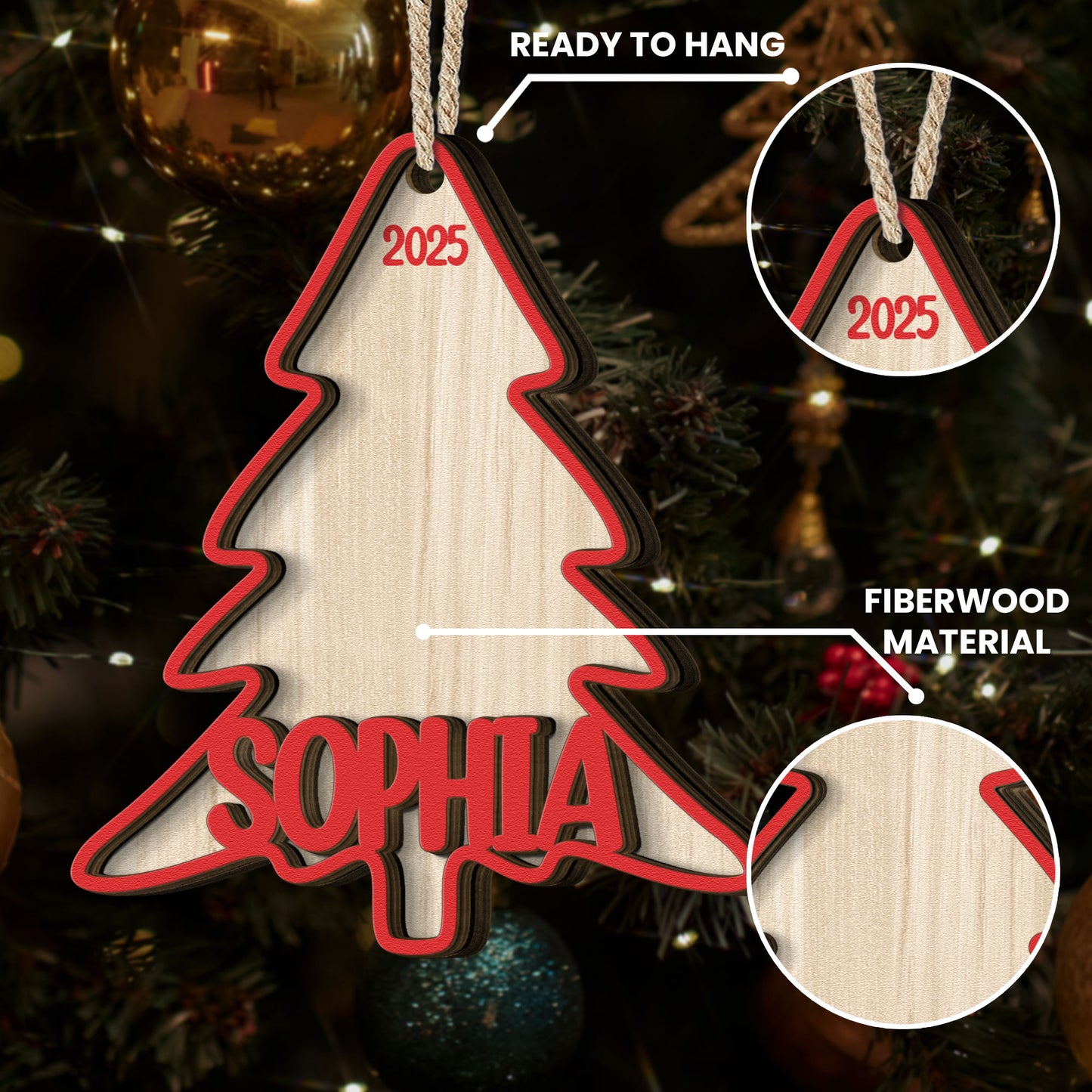 Christmas Tree With Family Name - Personalized Wooden Ornament