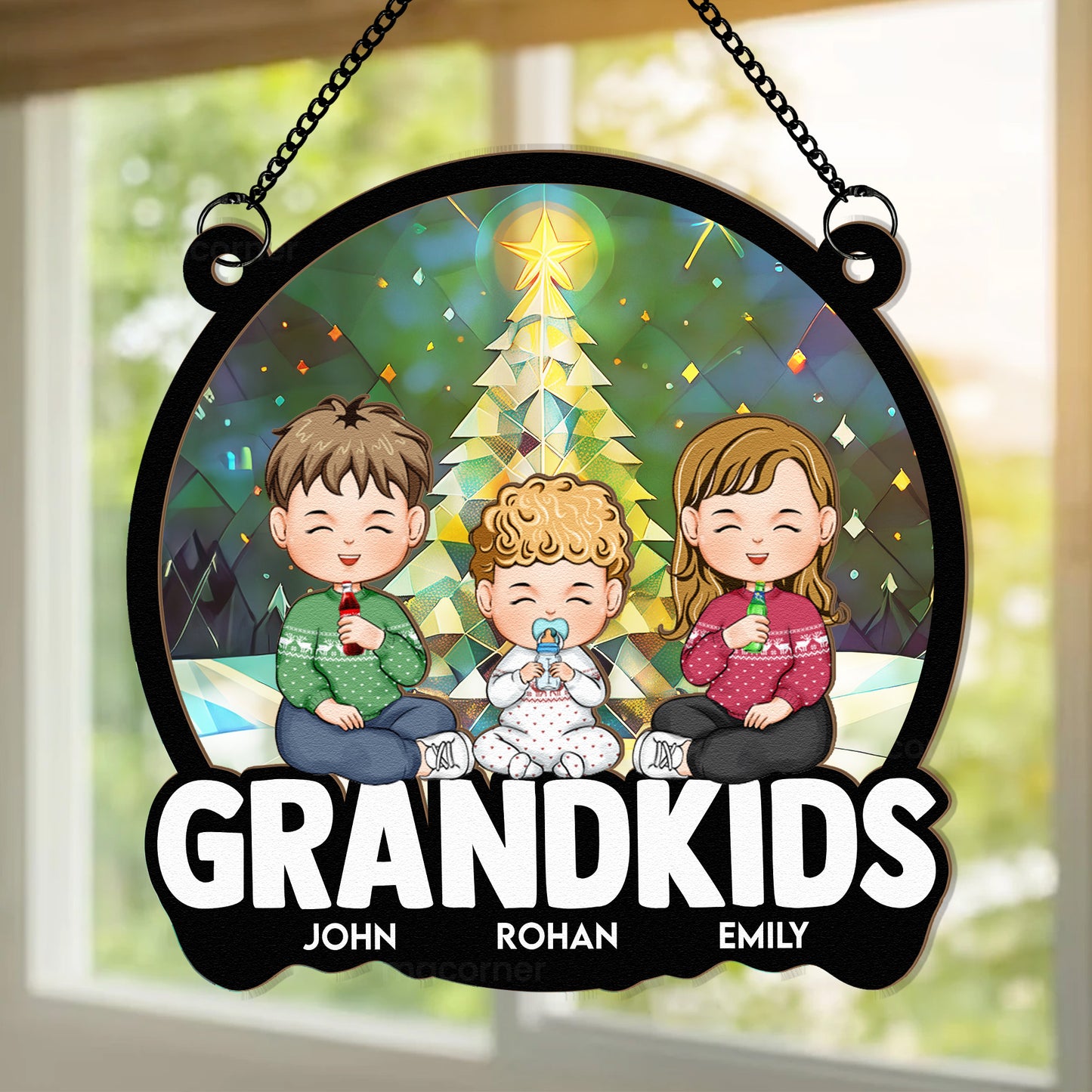 Christmas With Grandkids - Personalized Window Hanging Suncatcher Ornament