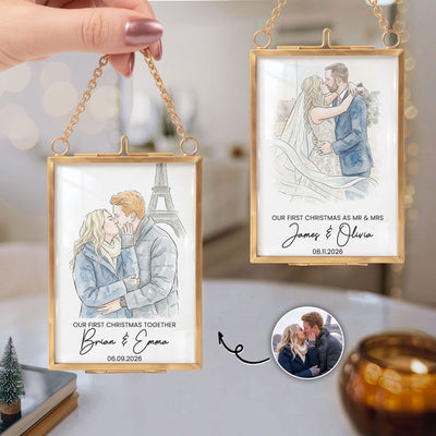 Christmas Frame Ornament Our First Christmas Couple Photo Watercolor - Personalized Ornament