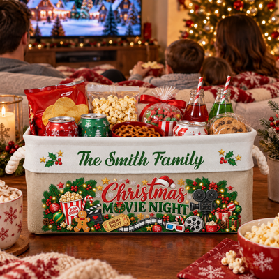 Christmas Movie Night Basket - Supplies Snack Storage Basket With Handles - Personalized Storage Basket
