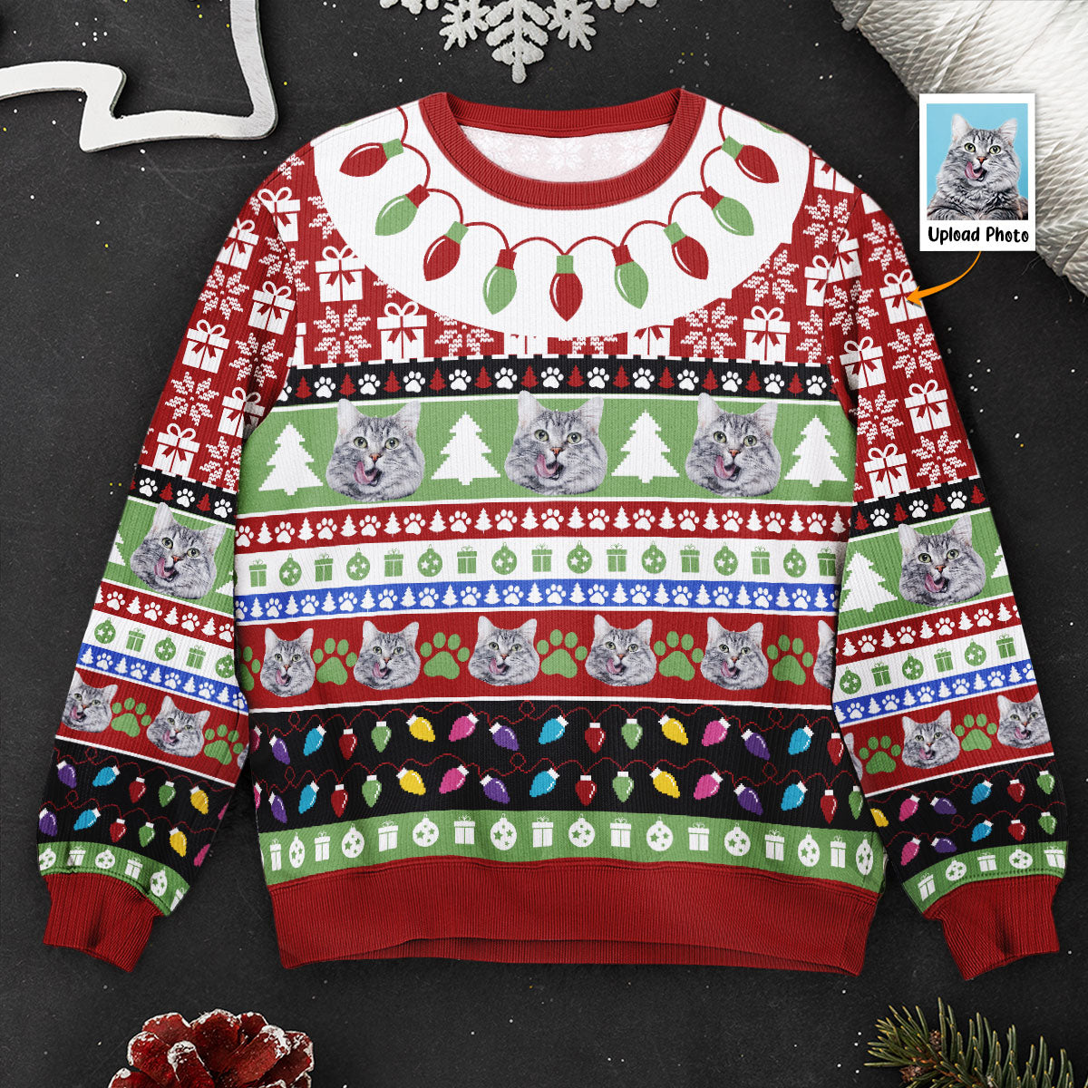 Christmas & Your Cat - Personalized Photo Ugly Sweater