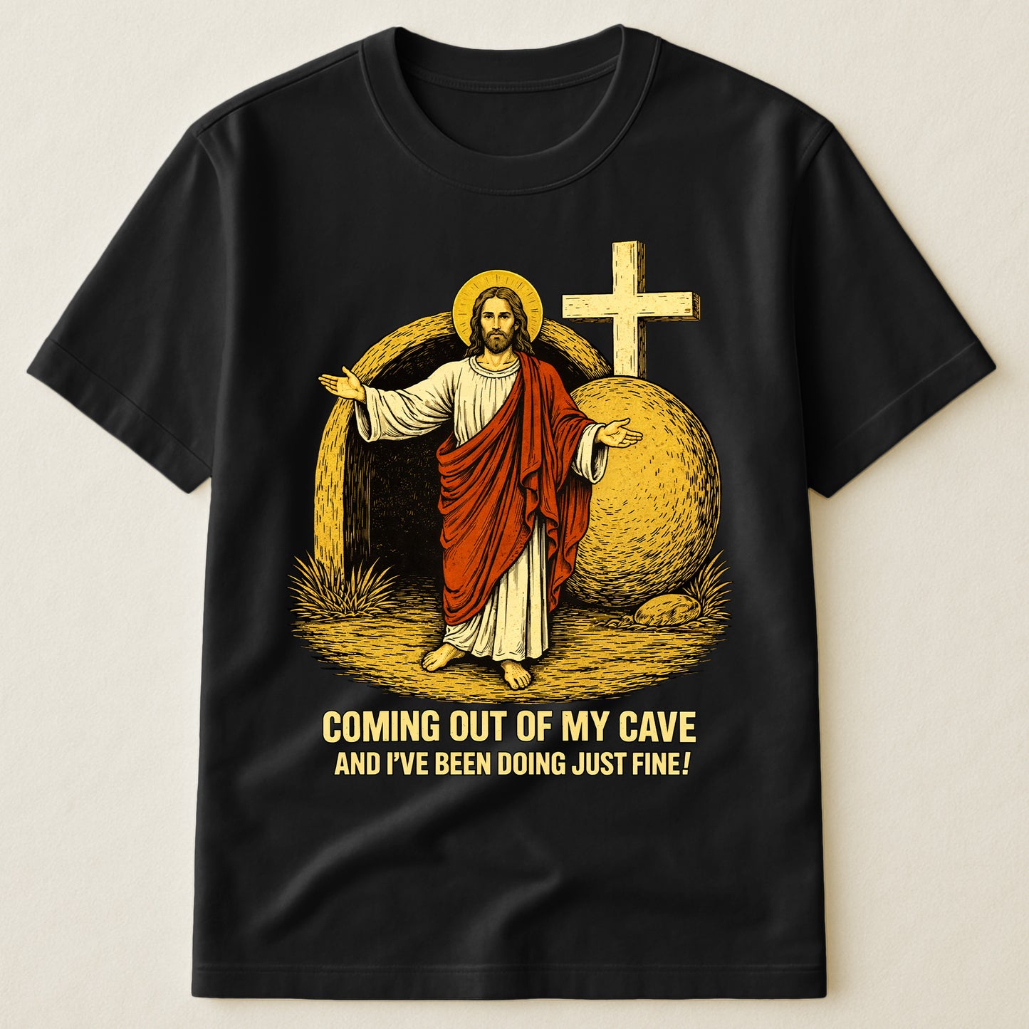 Coming-Out-Of-My-Cave-Funny-Jesus-Easter-Meme-Personalized-Shirt-1