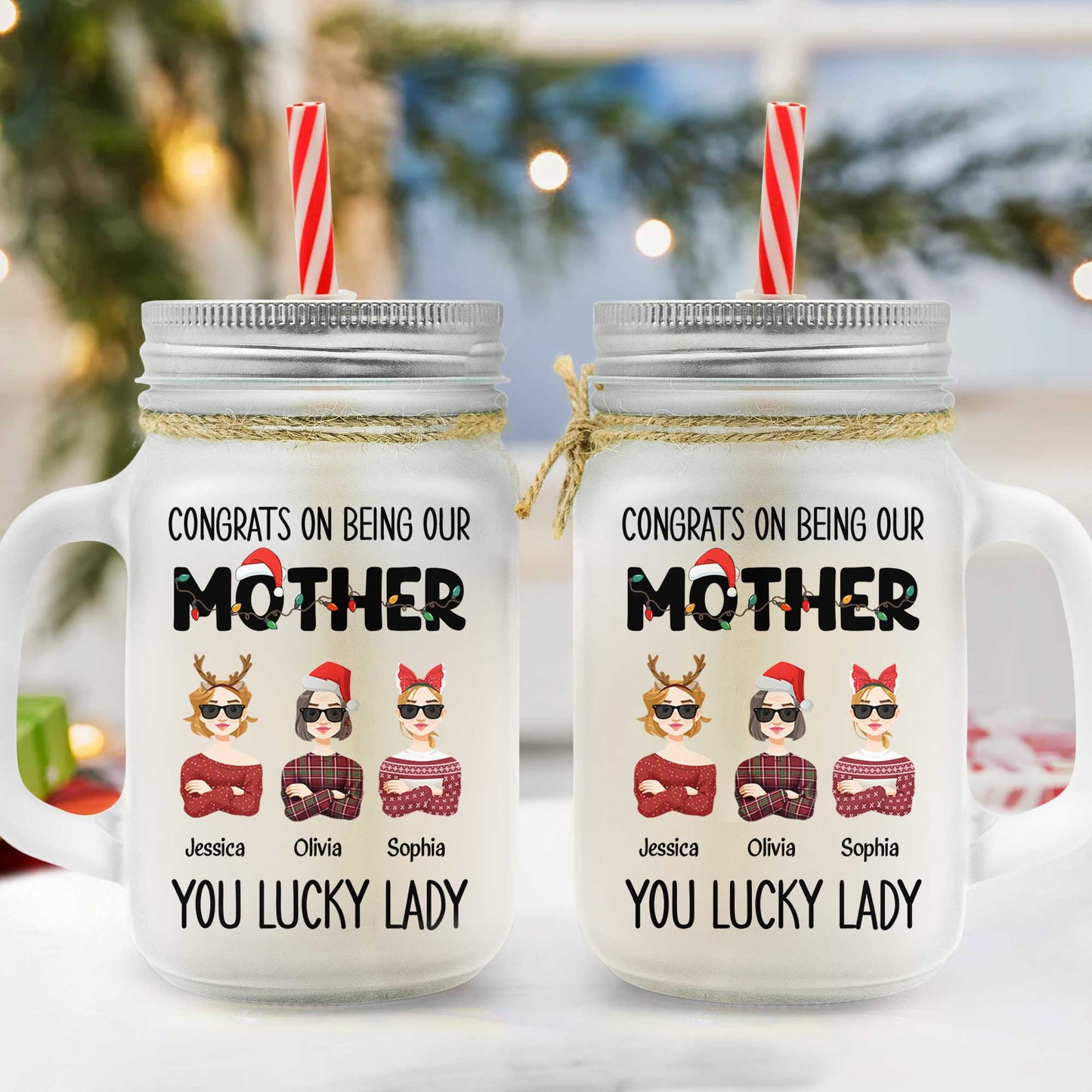 Congrats Mom - Personalized Mason Jar Cup With Straw