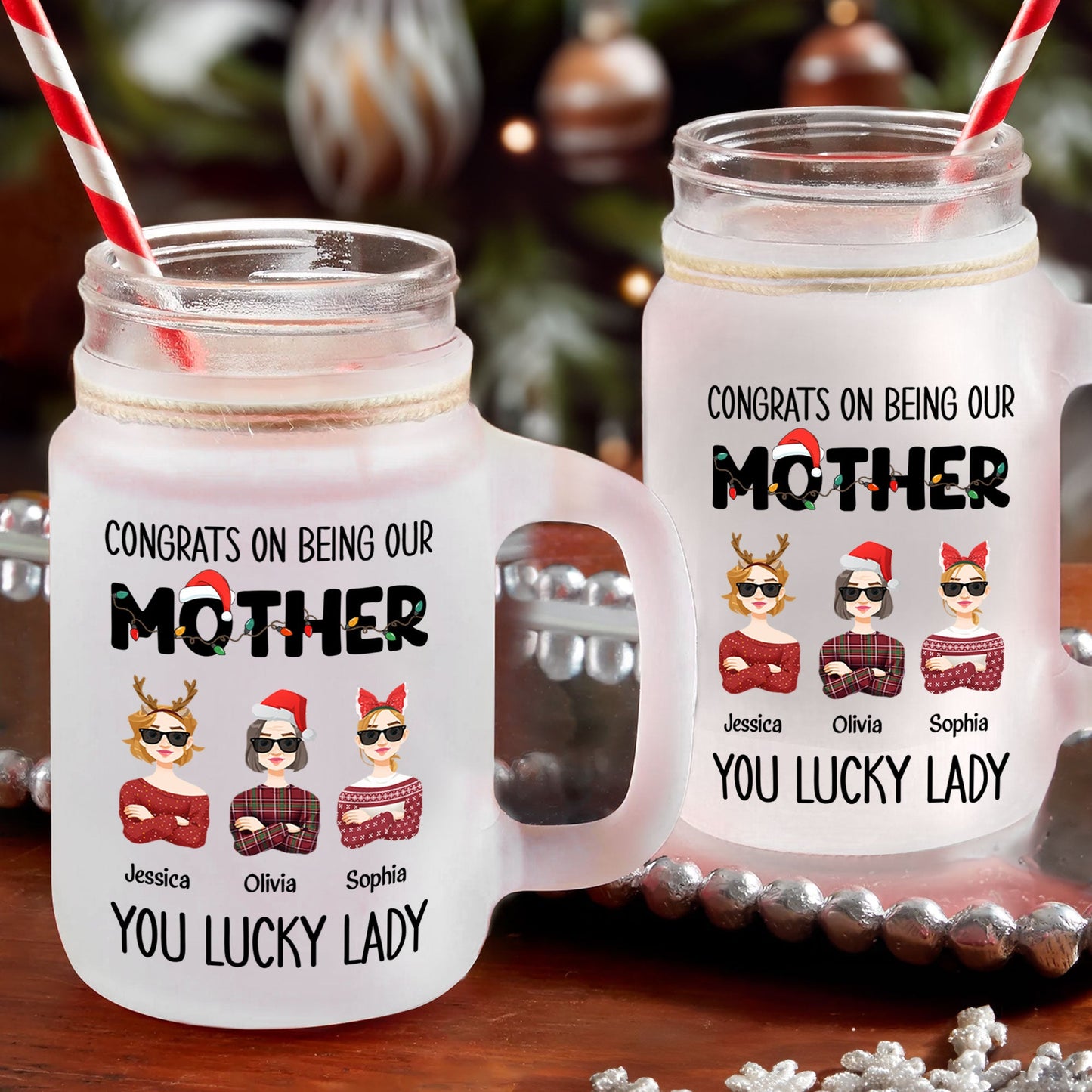 Congrats Mom - Personalized Mason Jar Cup With Straw