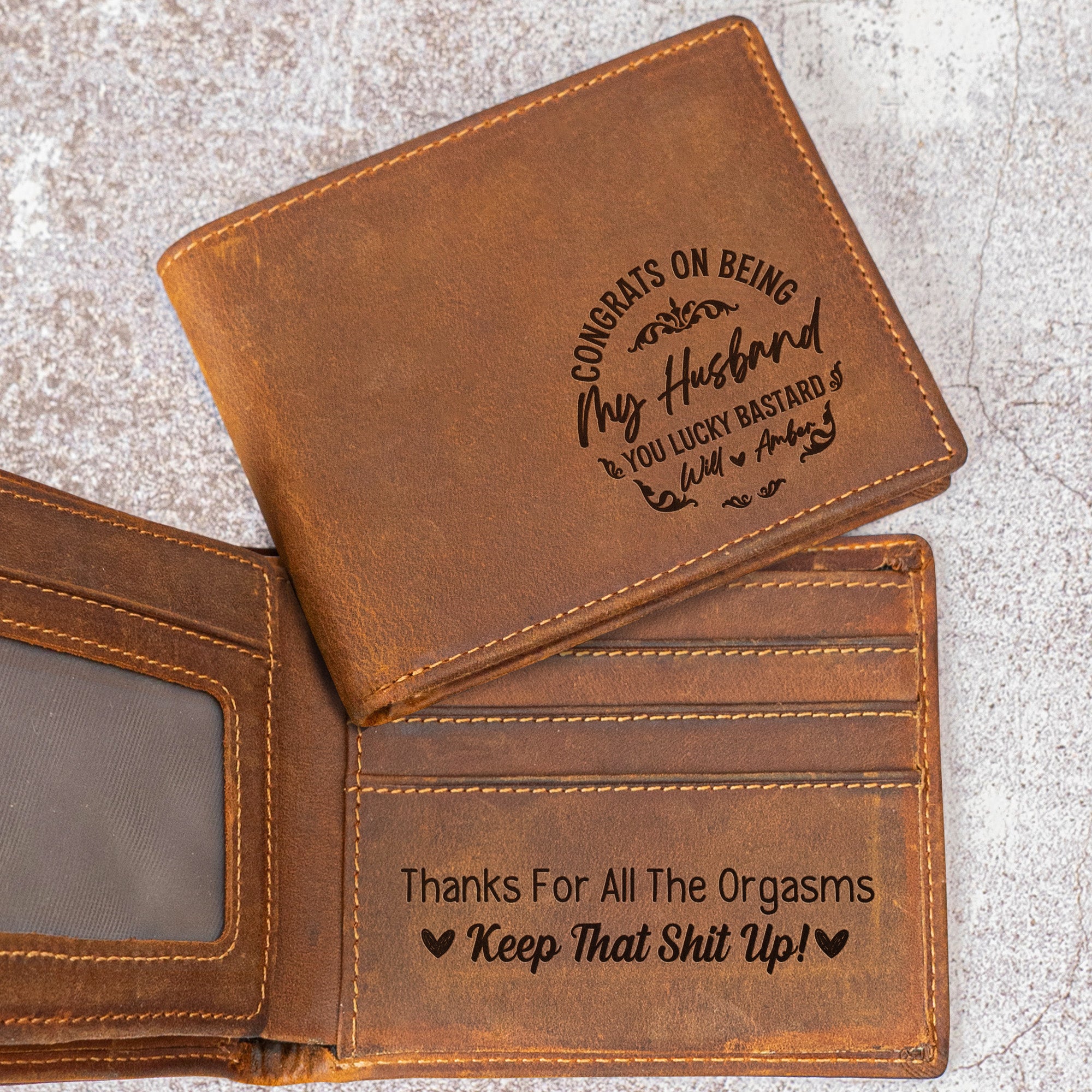 Congrats On Being Husband - Naughty Message Inside - Personalized Leather Wallet