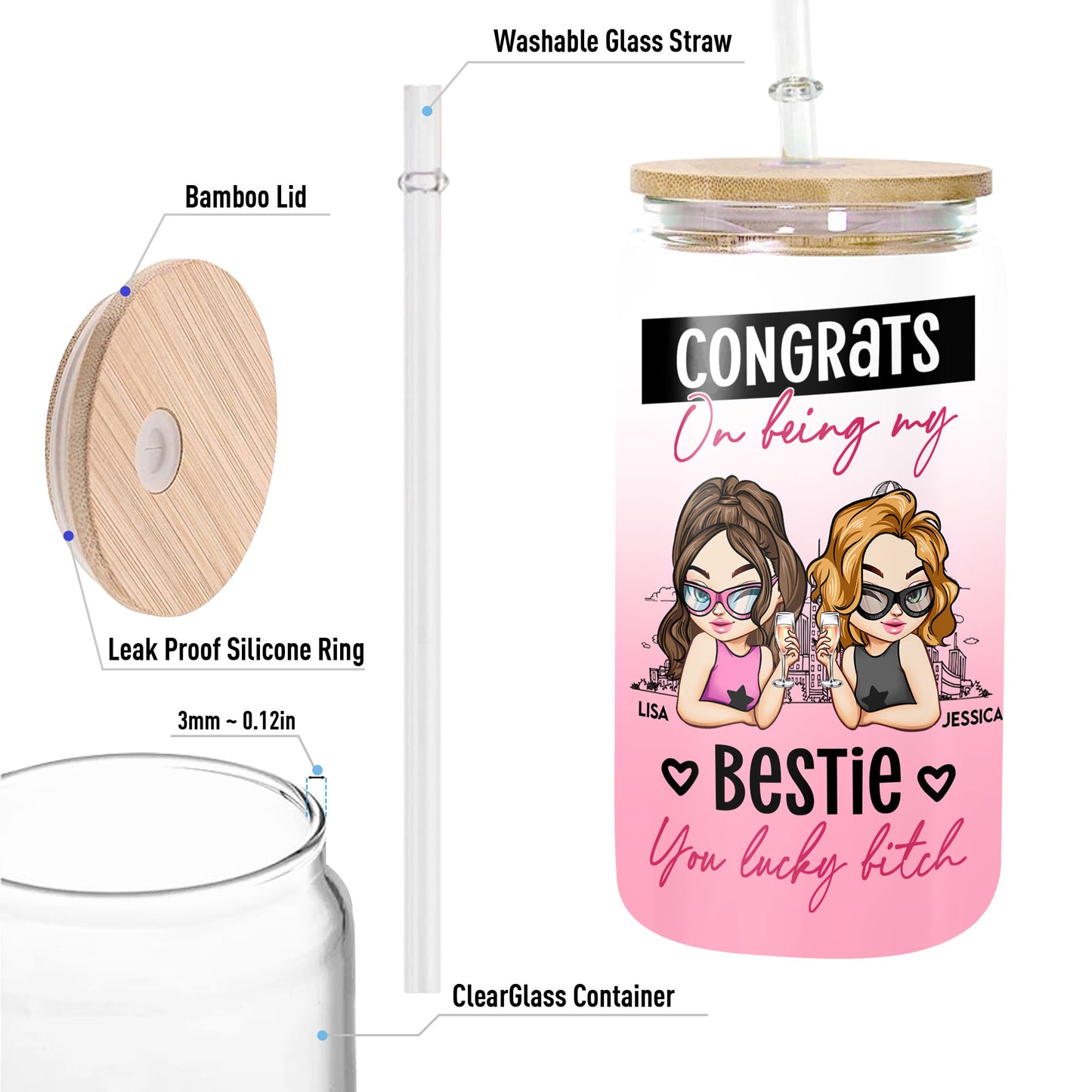 Congrats On Being My Bestie You Lucky - Personalized Clear Glass Cup