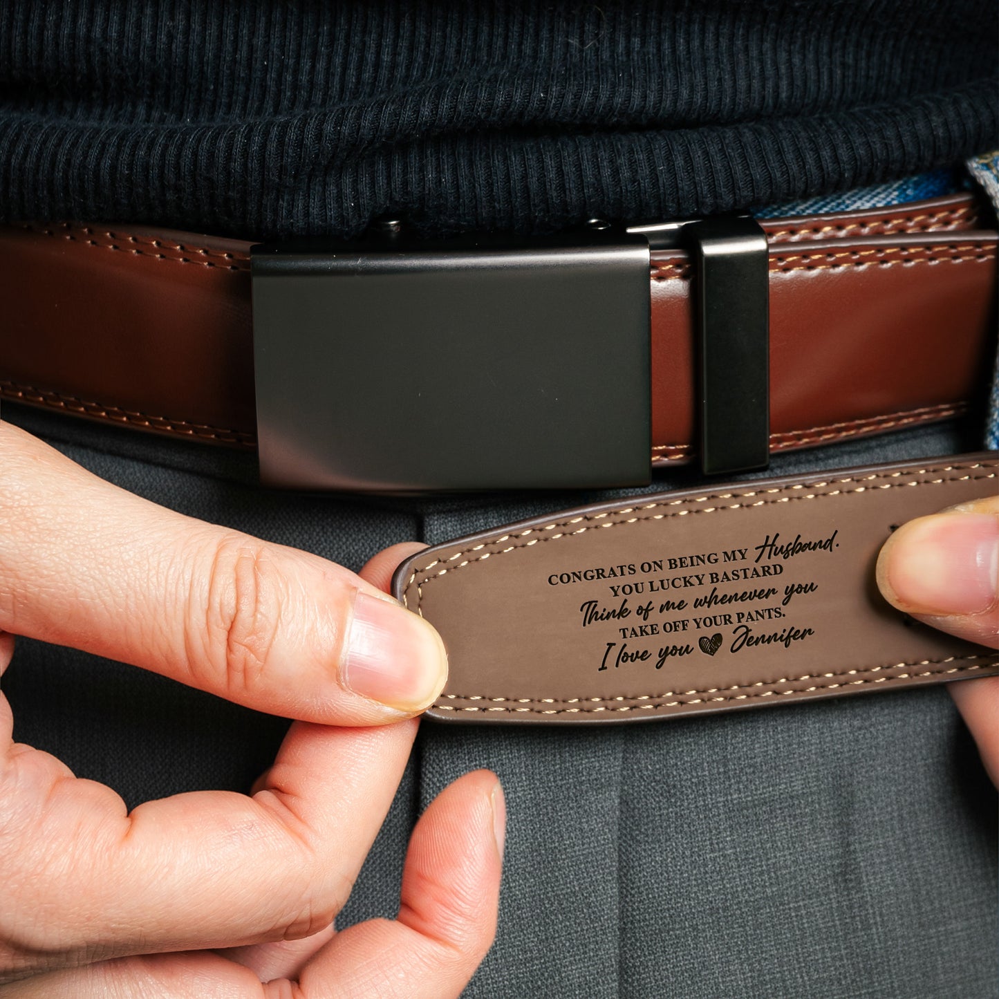 Congrats On Being My Husband - Gifts For Him - Personalized Leather Belt With Engraved Buckle