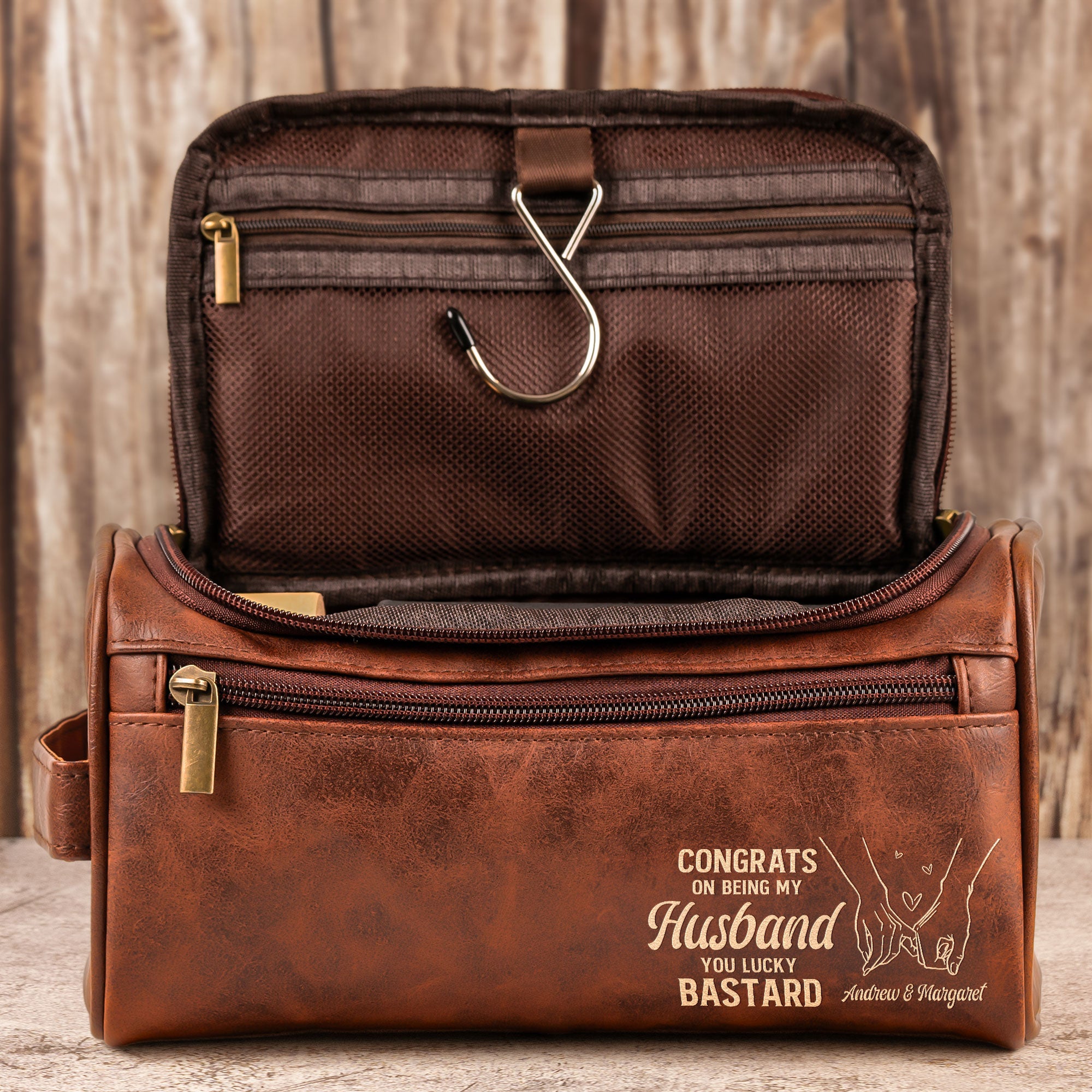 Congrats On Being My Husband You Lucky Bastard - Personalized Leather Toiletry Bag