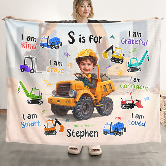 Construction Truck Boy - Gifts For Sons, Grandsons - Custom Name & Face - Personalized Photo Blanket