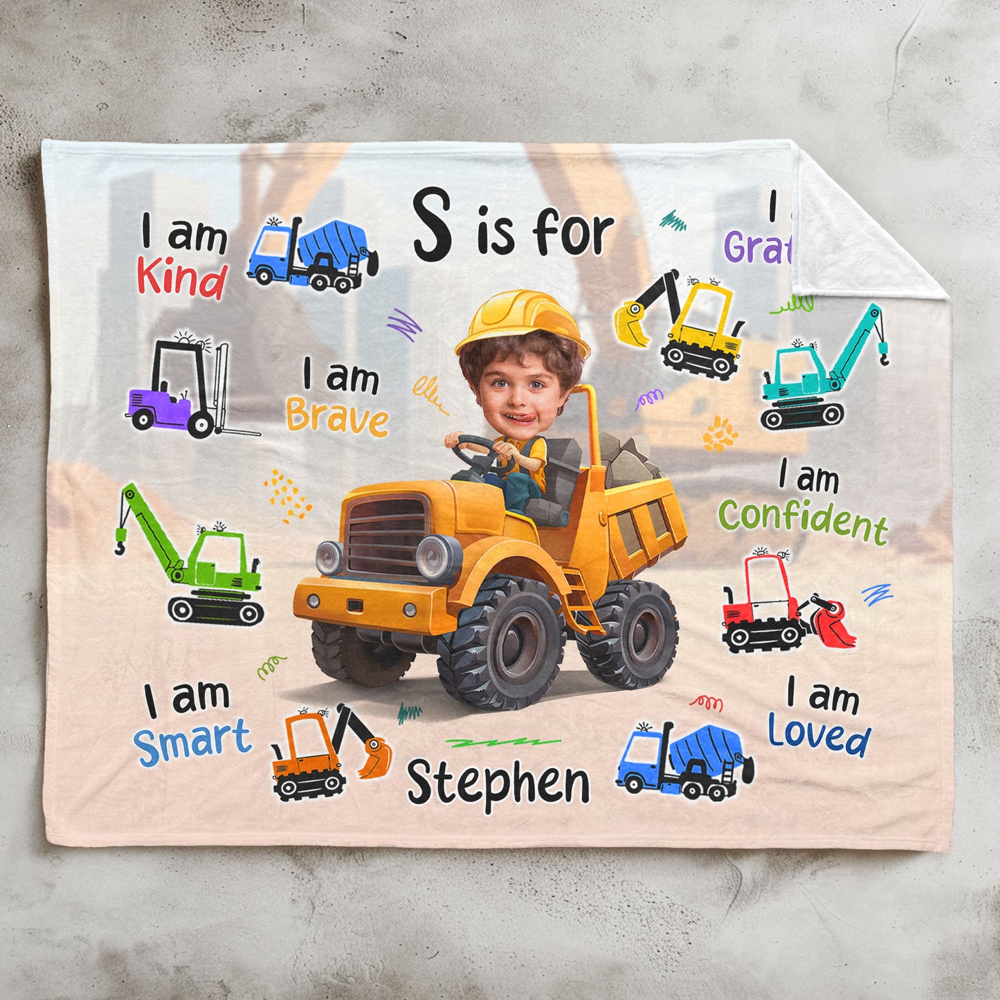 Construction Truck Boy - Gifts For Sons, Grandsons - Custom Name & Face - Personalized Photo Blanket