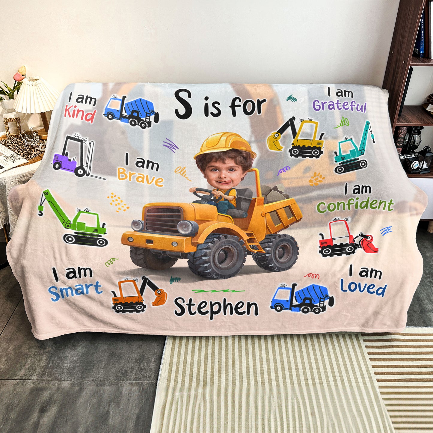 Construction Truck Boy - Gifts For Sons, Grandsons - Custom Name & Face - Personalized Photo Blanket