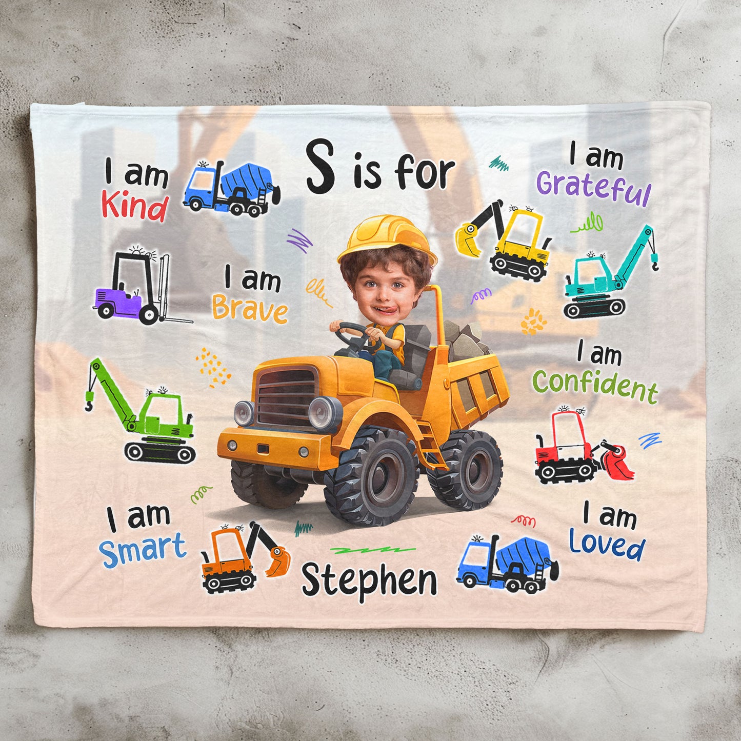 Construction Truck Boy - Gifts For Sons, Grandsons - Custom Name & Face - Personalized Photo Blanket