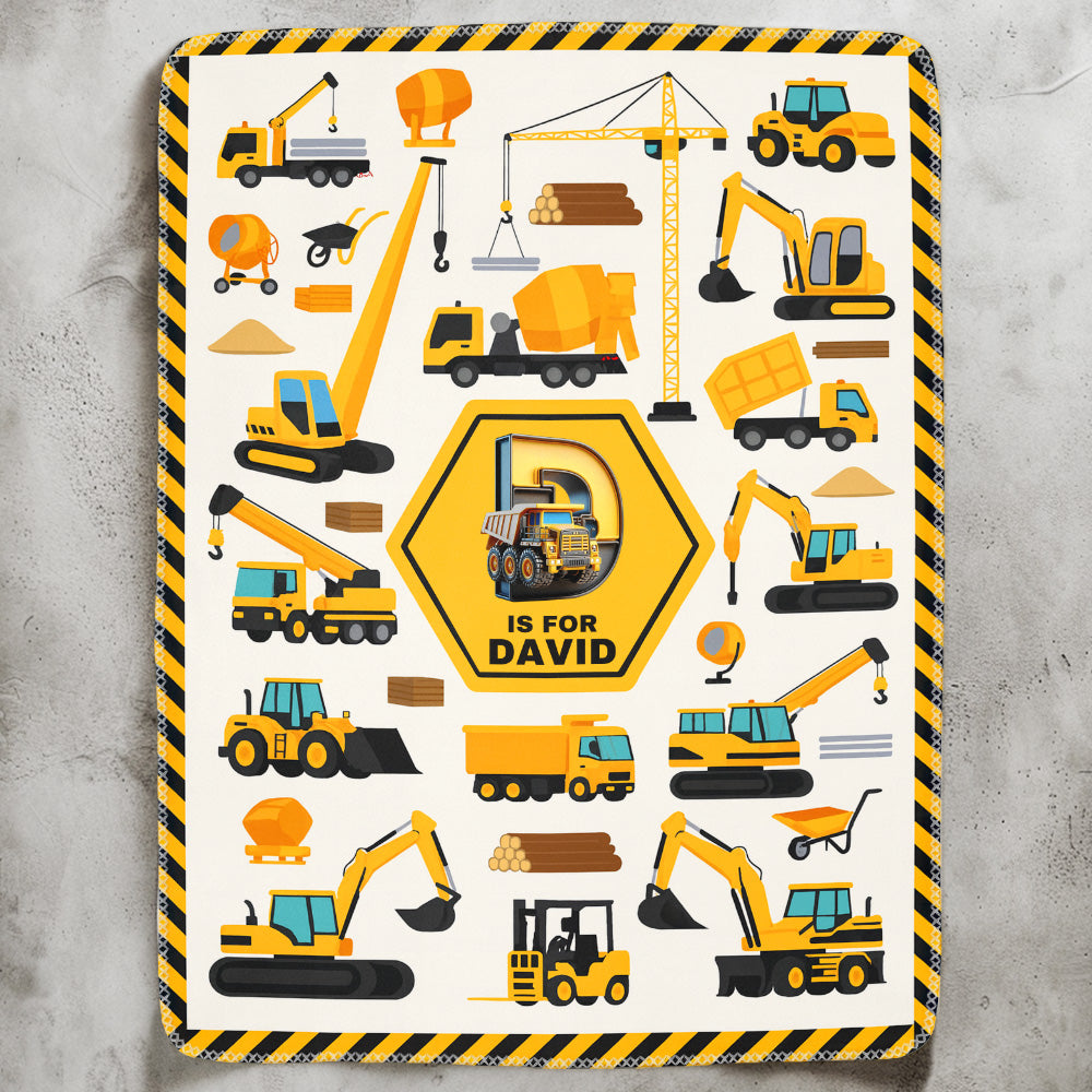 Construction Vehicles Truck, Unicorn Letter - Personalized Blanket