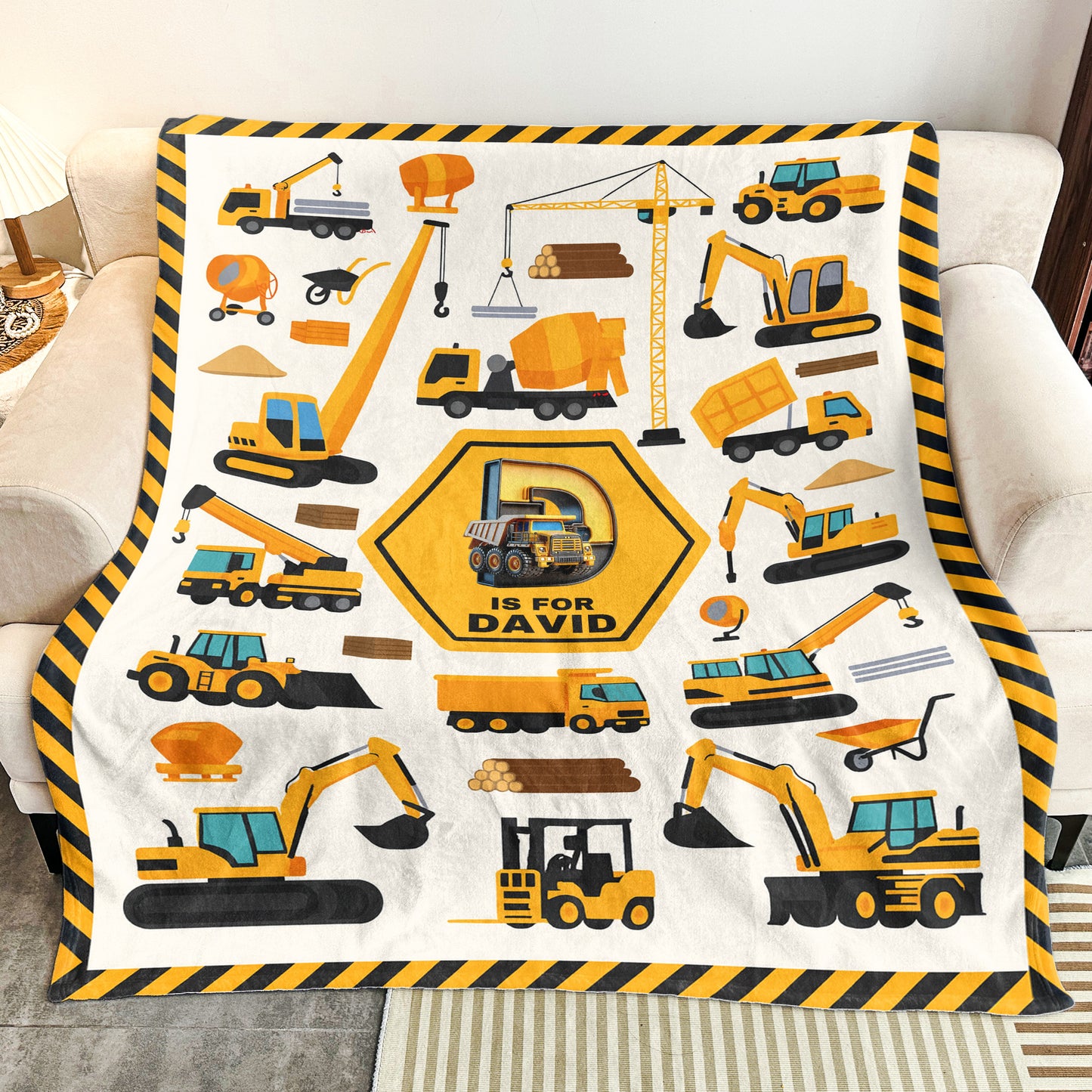 Construction Vehicles Truck, Unicorn Letter - Personalized Blanket