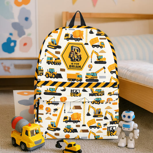 Construction Vehicles Truck, Unicorn Letter - Personalized Kid Backpack