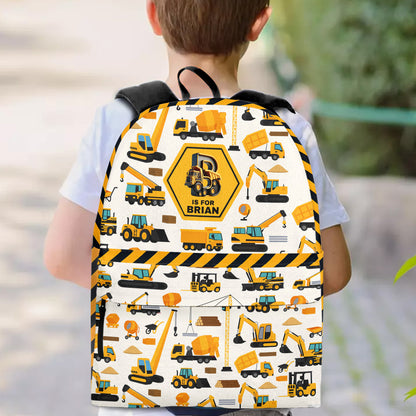 Construction Vehicles Truck, Unicorn Letter - Personalized Kid Backpack